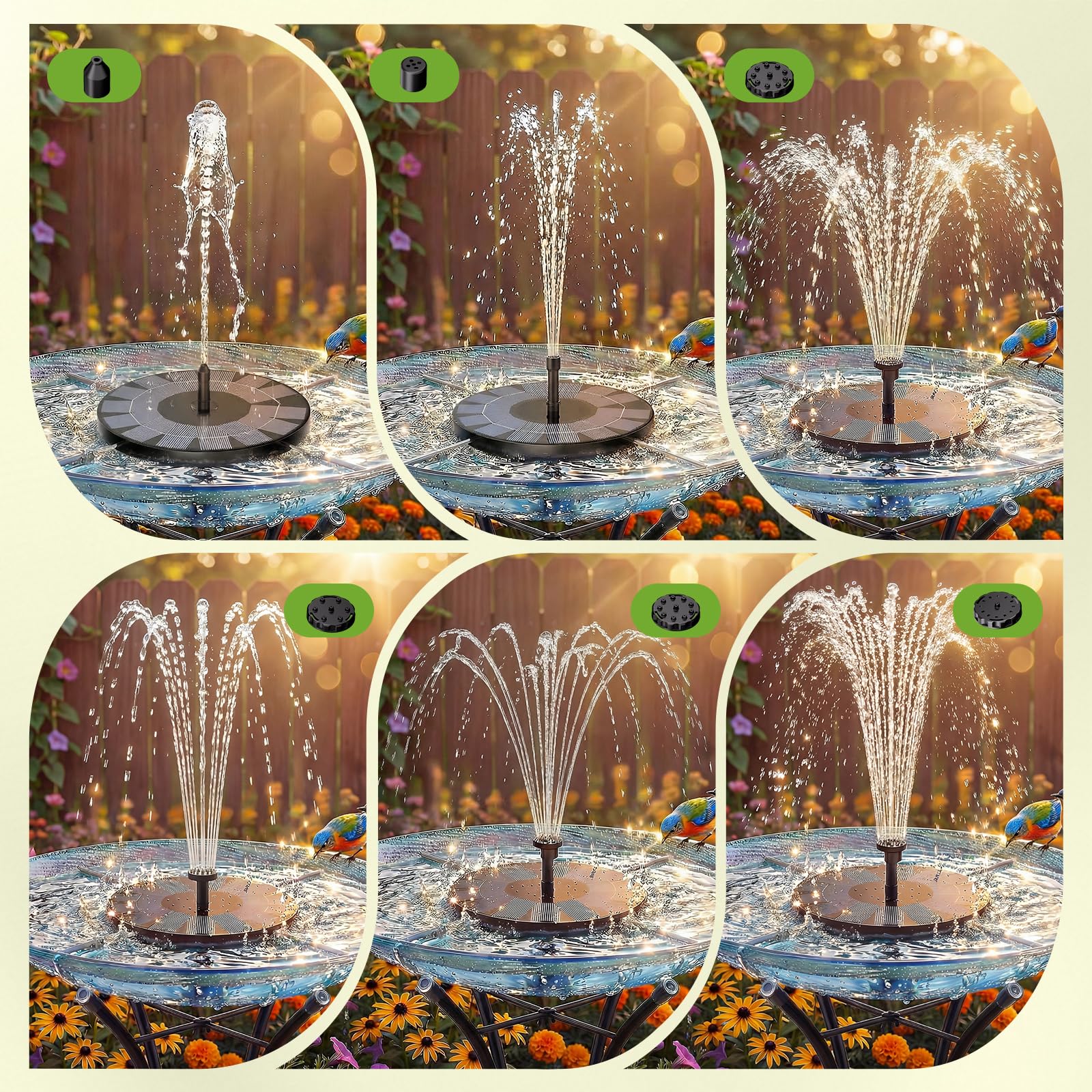 AISITIN Fuente Solar Jardin Exterior 2,5 W, Fuentes Solares de Jardin con 6 Boquillas y Varios Efectos de Rociado, Bomba de Agua Flotante para Piscina,Baño de Pájaros, Estanque(1PCS)