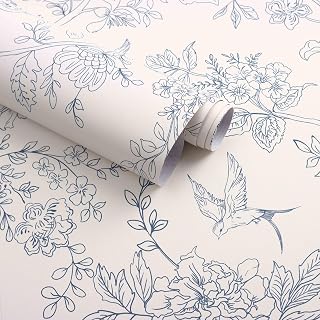 Froluya Cream White & Blue Floral Peel and Stick Wallpaper 17.7"x118.1" Vintage Boho Removable Vinyl for Bedroom Bathroom