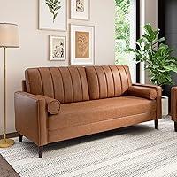 BushHome Max 77-Inch Vegan Leather Sofa - Buffed Camel, Modern Channel Tufted Living Room Couch