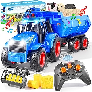 Funwee RC Tractor Toy Set with Light & Sound, Kids Farm Car Animal Trailer Wheels Remote Truck, Outdoor Vehicle Toys Birthday Gift Idea for 3 4 5 6 7+ Years Old Toddler Boys and Girls(Blue)