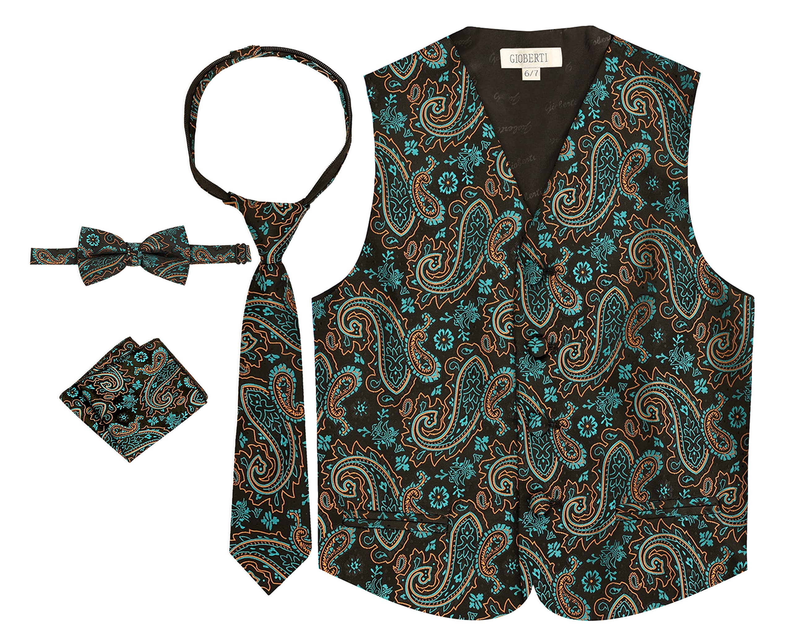 Gioberti Kids and Boys 4pc Paisley Vest Set - Vest, Bowtie, Tie, Pocket Square