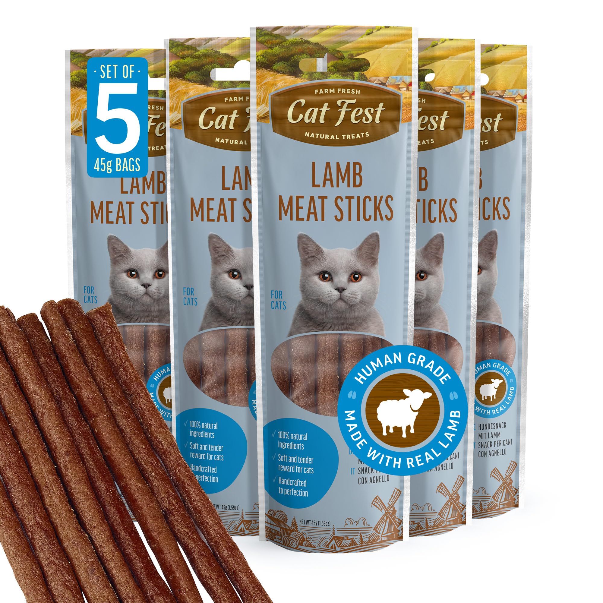 Cat Fest Lamb Meat Sticks - High-Protein Delicious Cat Treats, 45 g (Pack of 5), 225 g (Pack of 1)