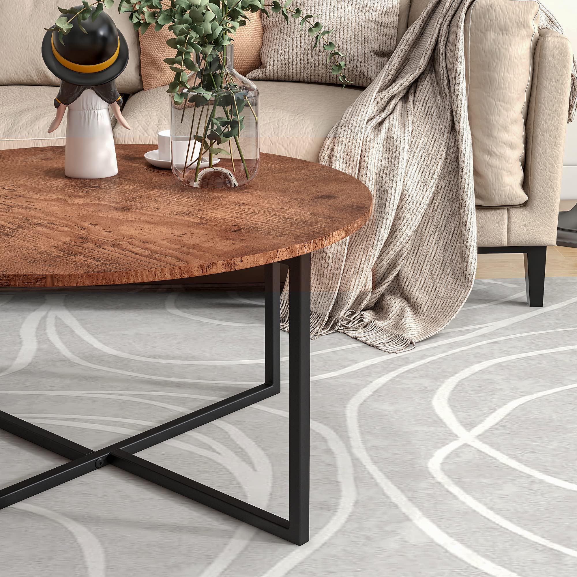 HOJINLINERO Mesa de centro redonda industrial, mesa de té y café, mesa auxiliar de madera con patas de metal