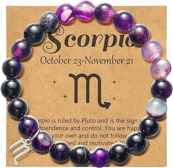 WATINC Constellation Zodiac Bracelet, Birthday Gifts for Women, Purple Natural Stone Astrology Bracelet with Charm Wish Card Envelop, Bracelet Jewelry for Bday