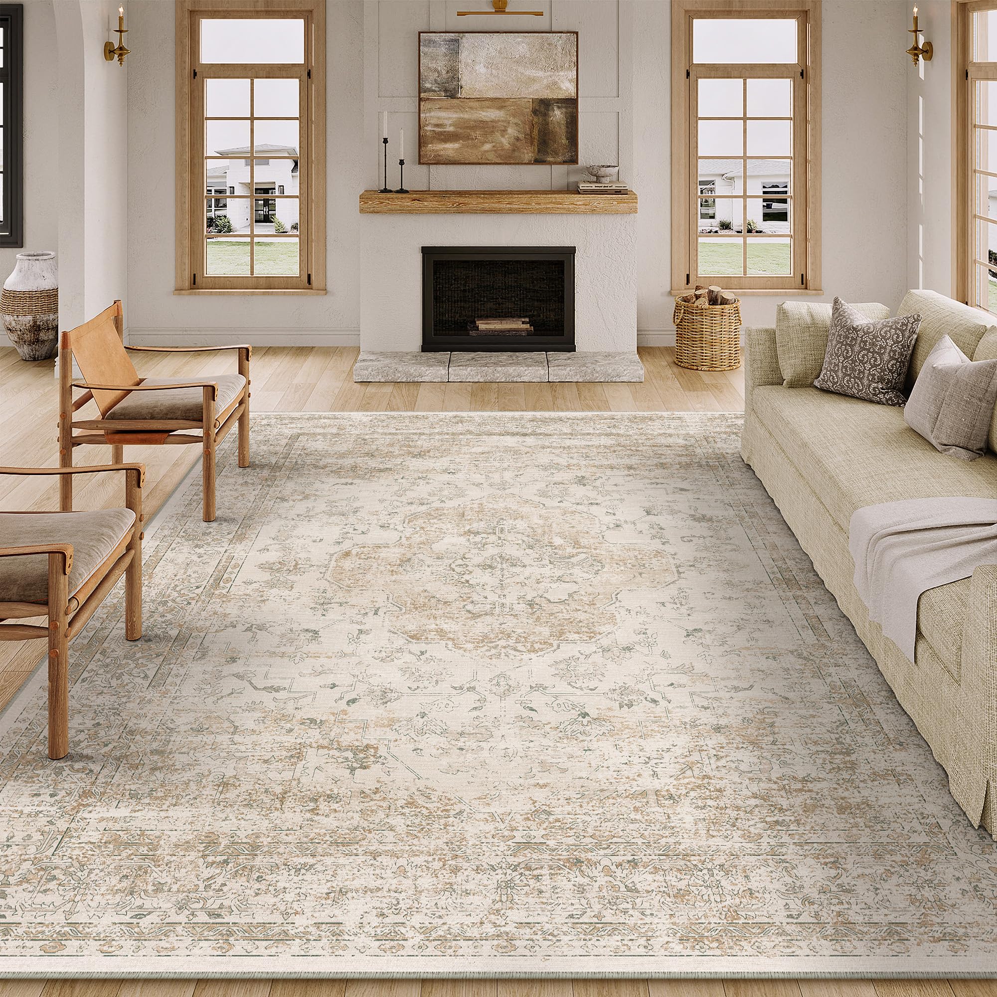 PureCozy Vintage Living Room Area Beige Rug, 240x300cm Machine Washable Non Slip Traditional Extra Large Cream Rugs for Bedroom Dining Room Office, Distressed Carpet for Indoor Home Decor — image 1