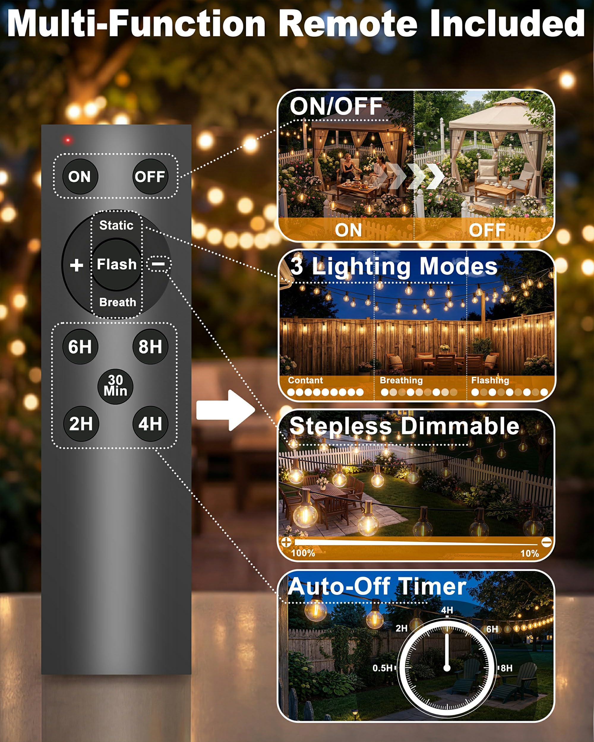 Solar Lichterkette Außen, 36M (50 +2) G40 LED Solarlichterkette | IP65 Wetterfest,Bruchsicher, mit Fernbedienung,Dimmbar,Timer,3 Modi,2700K G40 Glühbirne für Garten, Balkon, Terrasse