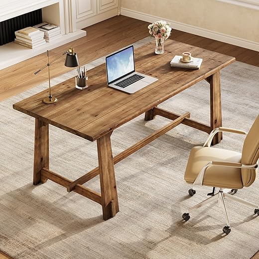 LITTLE TREE 63" Solid Wood Office Desk, Farmhouse Executive Computer Desk, Large Work Writing Table, Home Office Workstaticon, Rustic Brown Business Furniture for Home