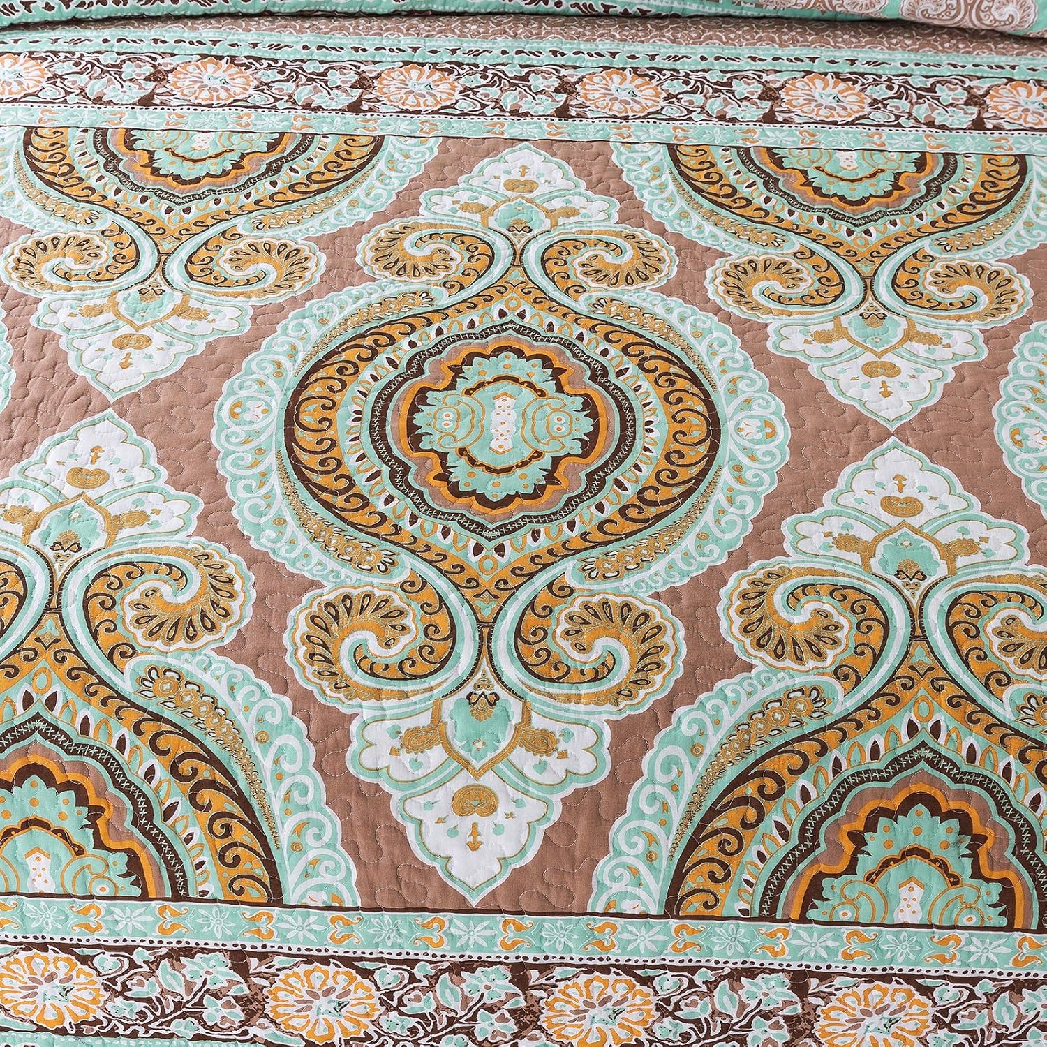 NEWLAKE Cotton Bedspread Quilt Sets-Reversible Patchwork Coverlet Set, European Paisley Floral Pattern, King Size