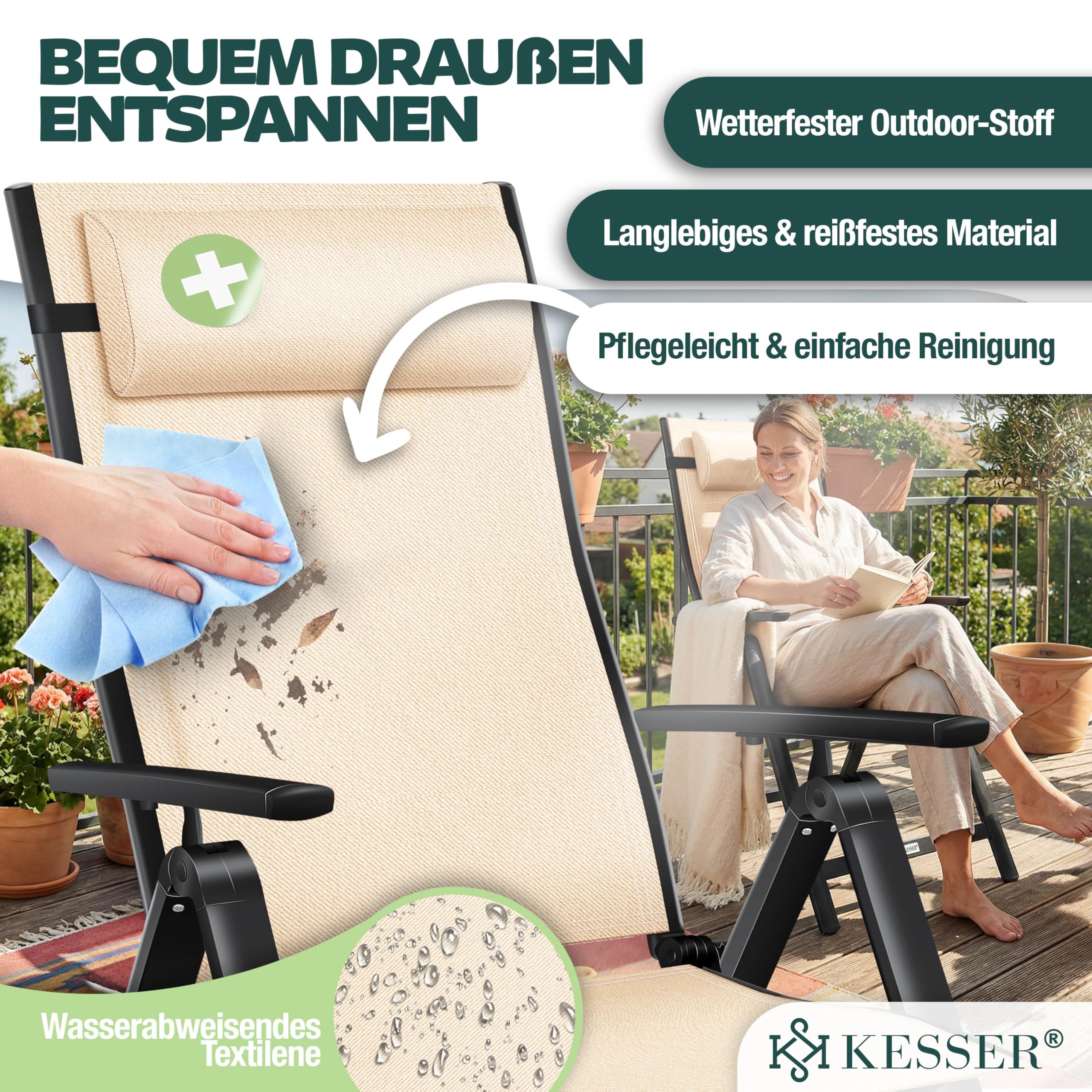 KESSER® Sedia da giardino con schienale Alto, con braccioli, in alluminio, con cuscino, regolabile in 7 posizioni, Resistente Alle Intemperie, pieghevole, 1 Unidad, Beige