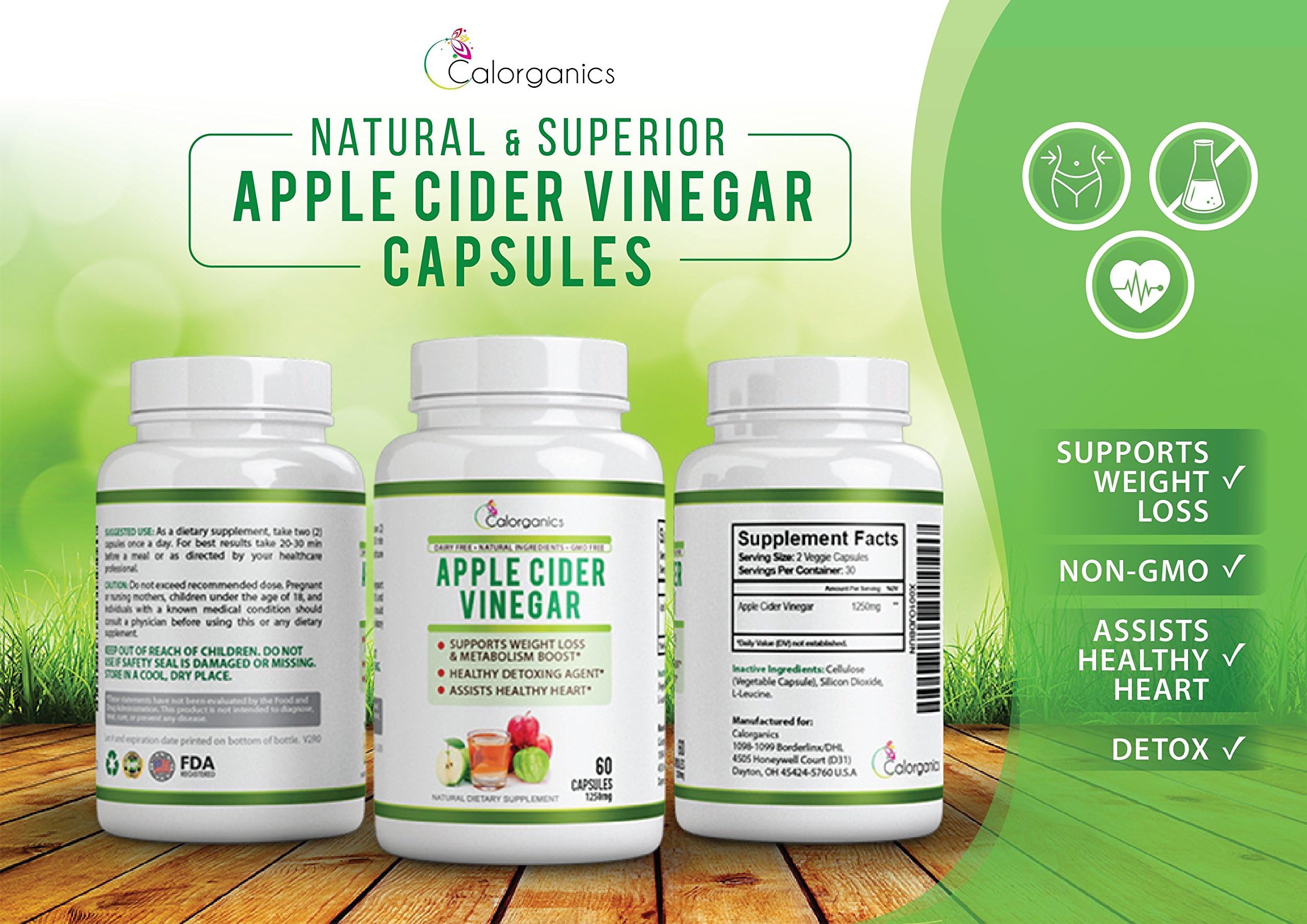 Natural Apple Cider Vinegar Supplements (1250mg) 60 Vegetable Capsules – Supports Weight Loss with no Acid Reflux - Boosts Metabolism – Detox for Blood Pressure & Assists Healthy Heart Function