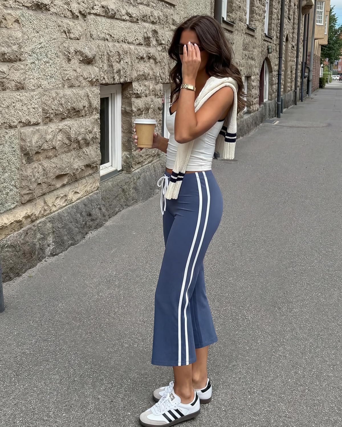 MOOSLOVER Women Flare Capri Yoga Pants High Waisted Side Stripe Drawstring Bootcut Flared Cropped Leggings