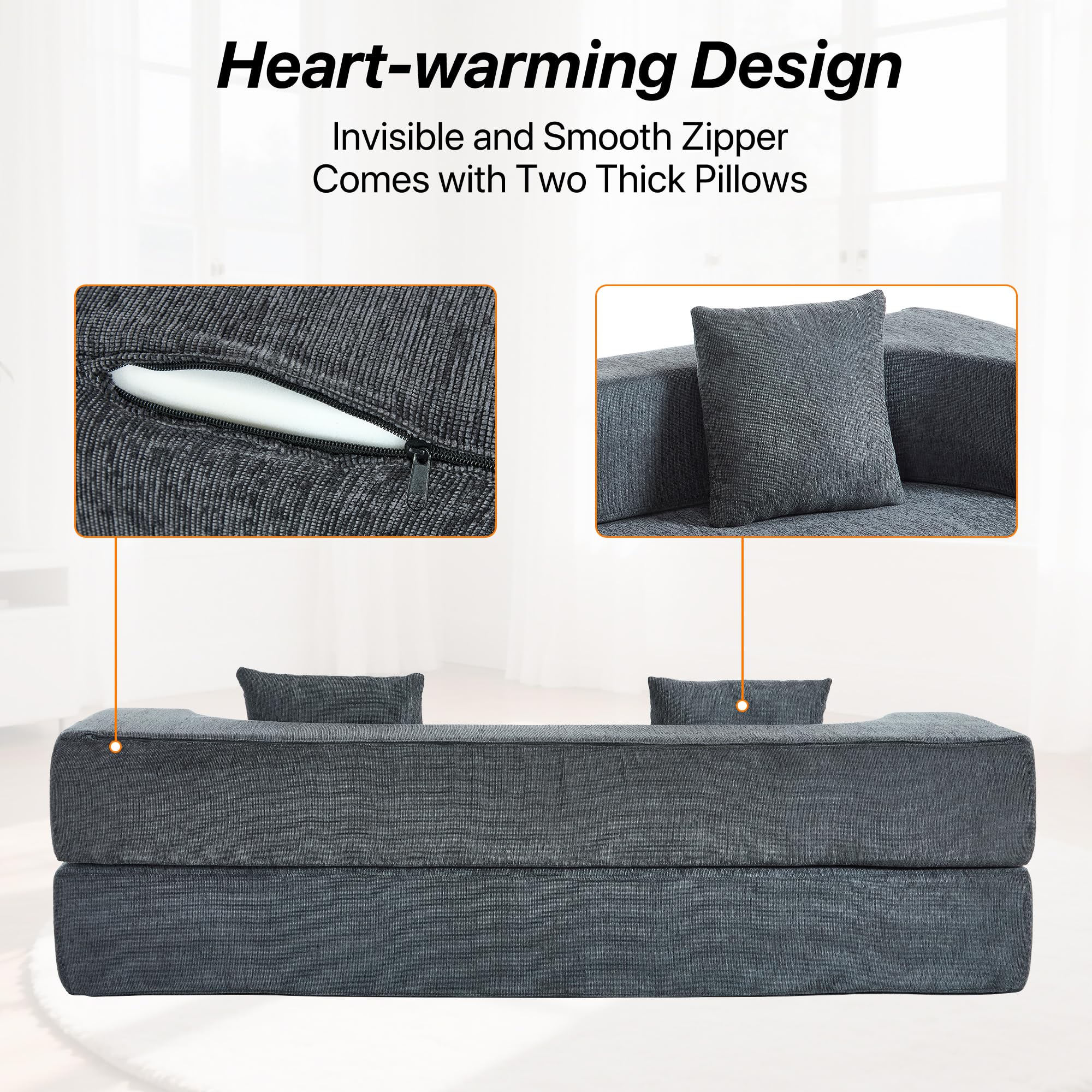 HENGJIANYI Folding Sofa Bed, Convertible Futon Sleeper Bed, 2-in-1 Foldable Floor Mattress with 2 Pillows, Breathable High-Density Foam Lazy Couch, Twin Size Comfy Lounge Chair, Dark Gray