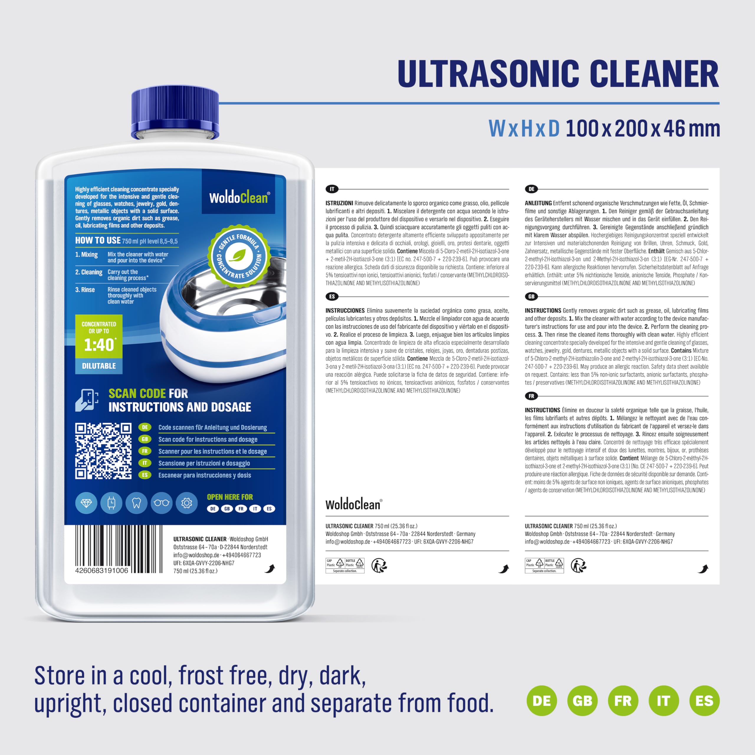 Detergente a ultrasuoni concentrato 2x 750ml per occhiali e gioielli - sufficienti per 60 litri di soluzione detergente