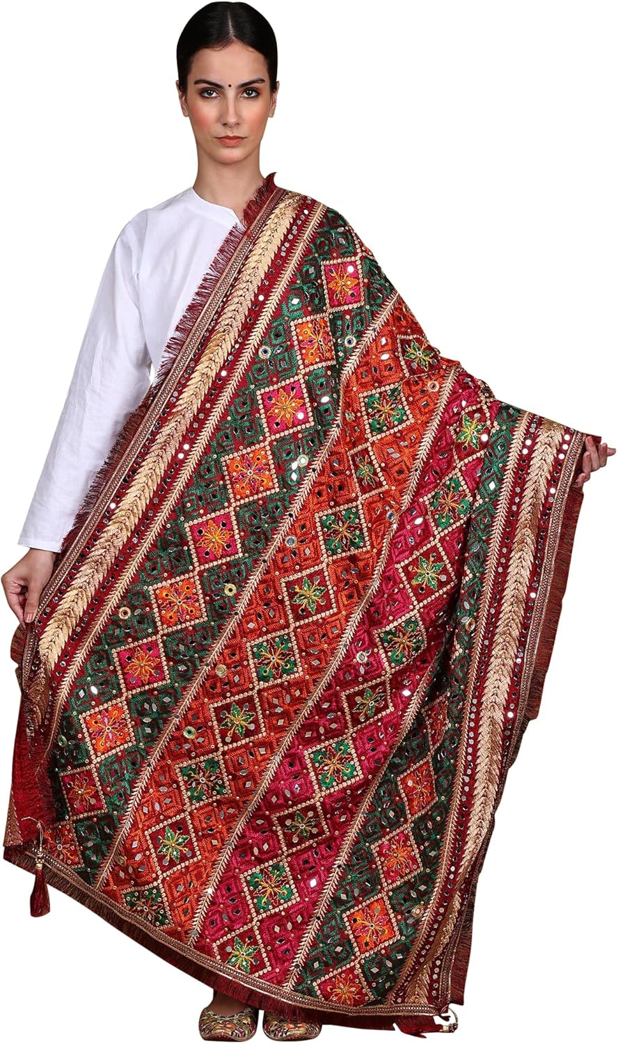 Exotic India Phulkari Dupatta/Chunni For Women's from Punjab with Multicolor Thread Embroidery and Bead-Mirror Work