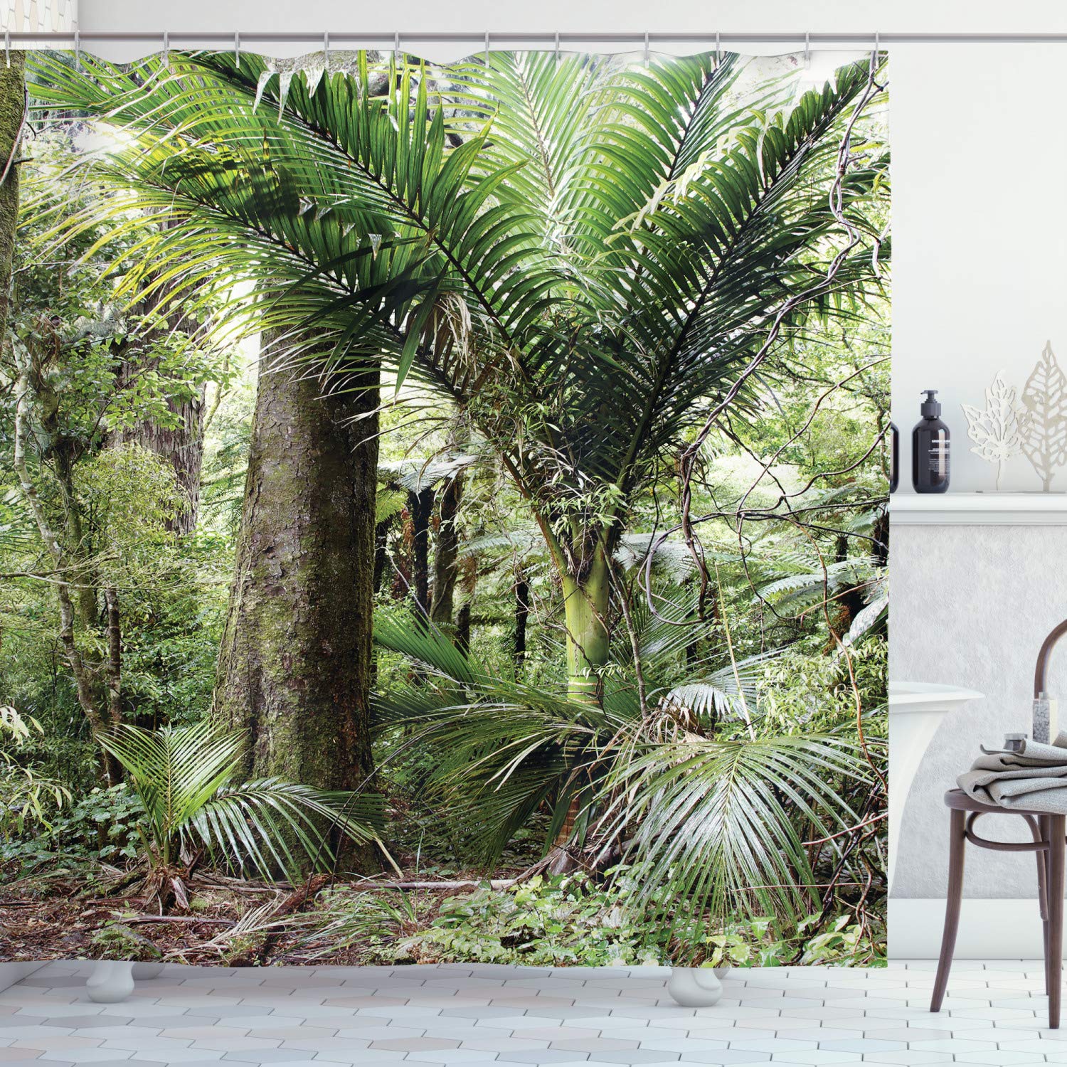 ABAKUHAUS Forest Shower Curtain, Foliage Tropical Jungle South American Growth Untouched Nature Vegetation