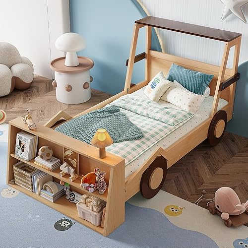 Miniatura 19 de Bonita cama de carruaje de princesa tamaño individual con corona y escalera, plataforma de madera maciza con 2 puertas, cabecera y estribo, listones