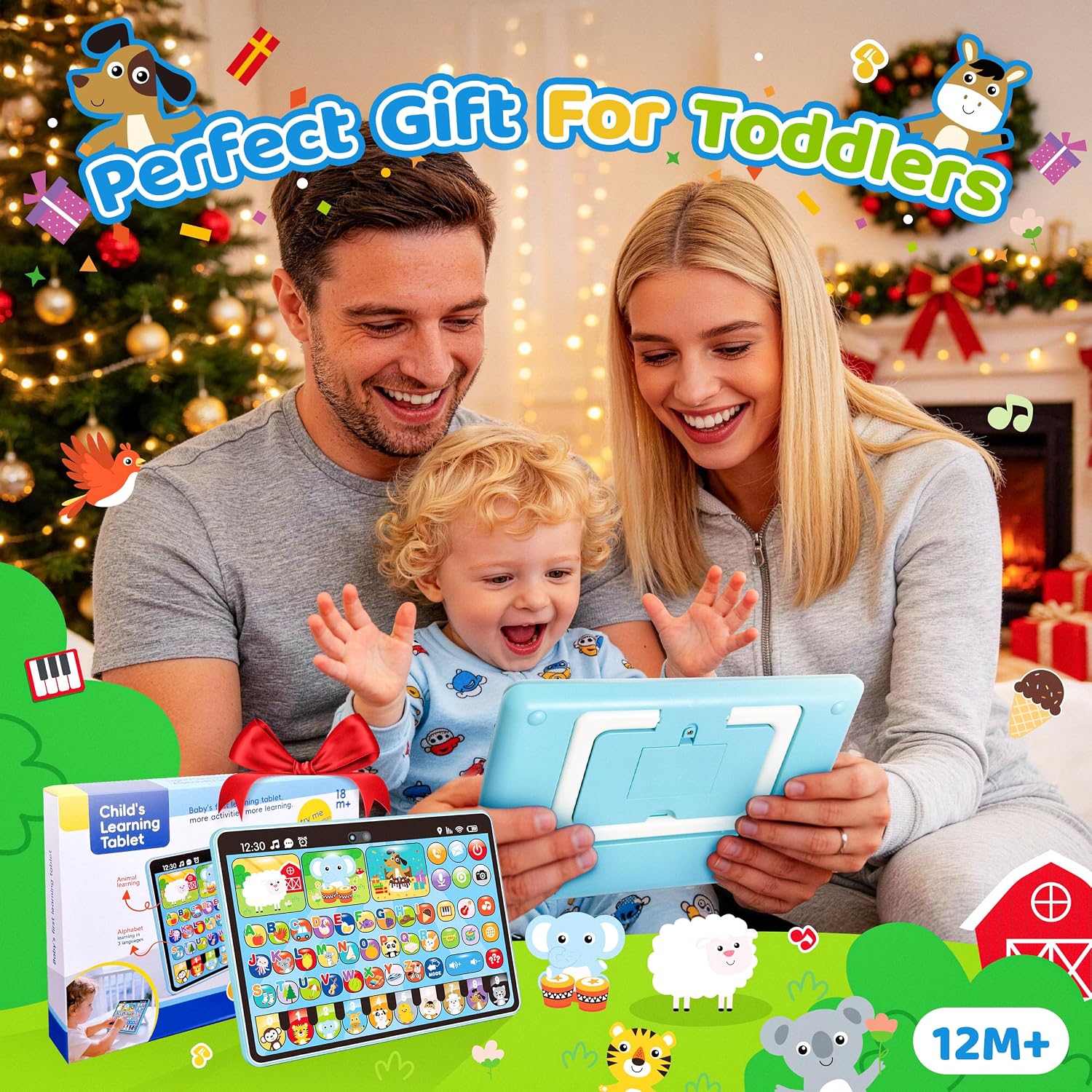 Toddler Learning Tablet Toys, Trilingual Educational Learning Tablet with 26 Keys (English, Spanish & French), Recording & Storytelling Speech Therapy Toys, Baby Tablet Musical Gifts for Toddlers 1-3