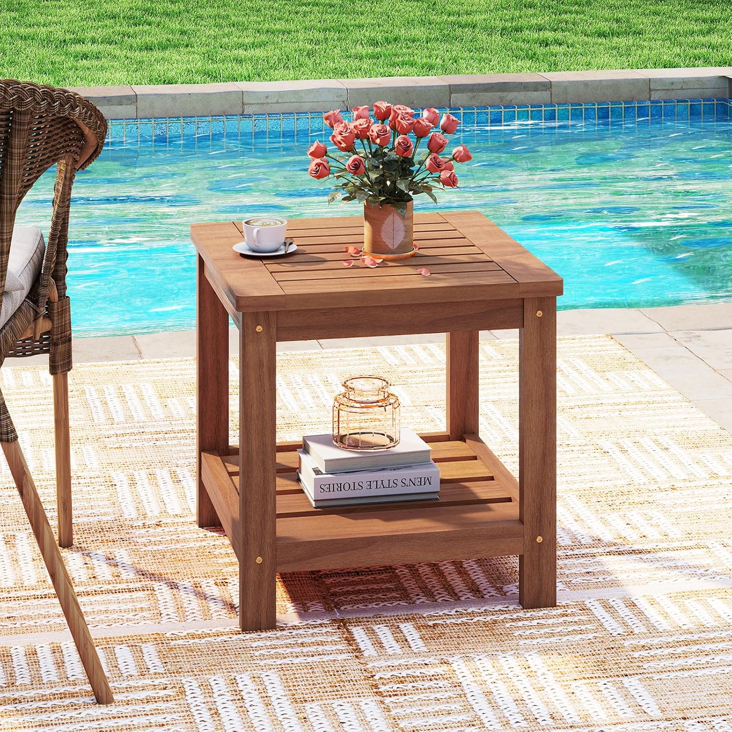 2 Pieces Adirondack Side Table, 2-Tier Square Wood Patio End Tables with Slatted Tabletop Storage Shelf, Accent Small Side Table Indoor Outdoor for Garden, Backyard, Porch & Living Room