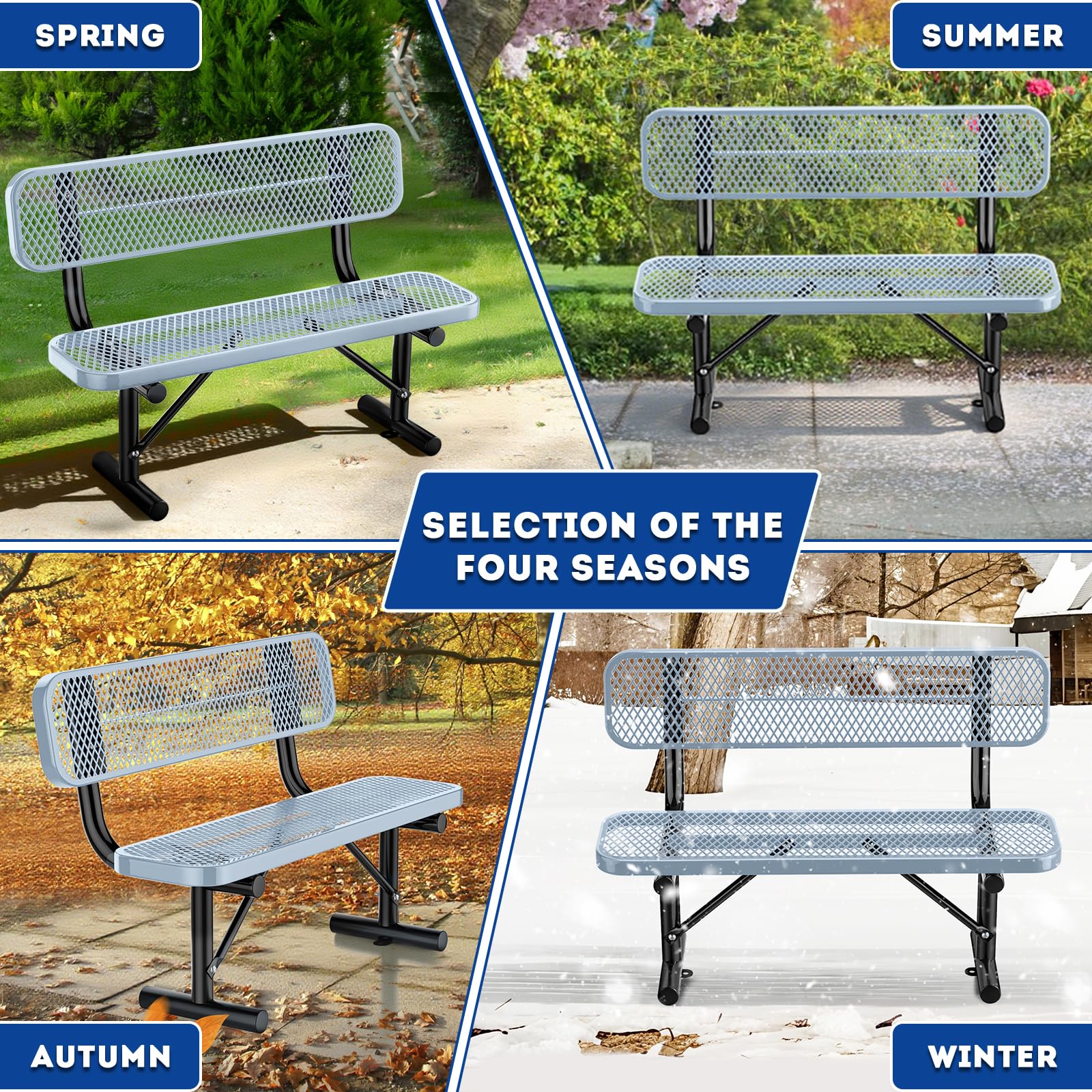 Thermoplastic Coated Iron Park Bench for Outside, Heavy Duty Metal Garden Bench, Expanded Commercial Grade Seating for Shopping Malls, Lawn Yard Porch Entryway (Grey with Backrest, 48IN)