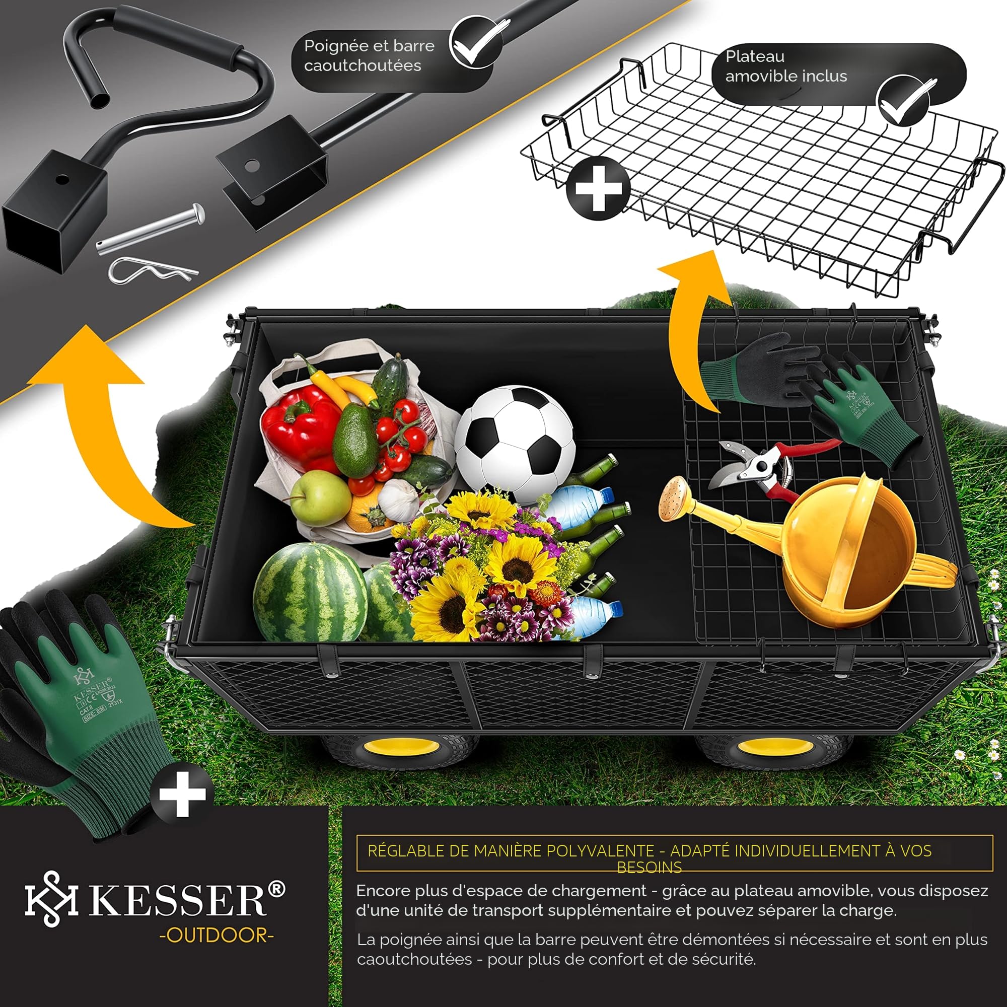 KESSER® Chariot de Transport 550 kg - Transport, Jardinage, Outils - Bras Nouveau - Noir