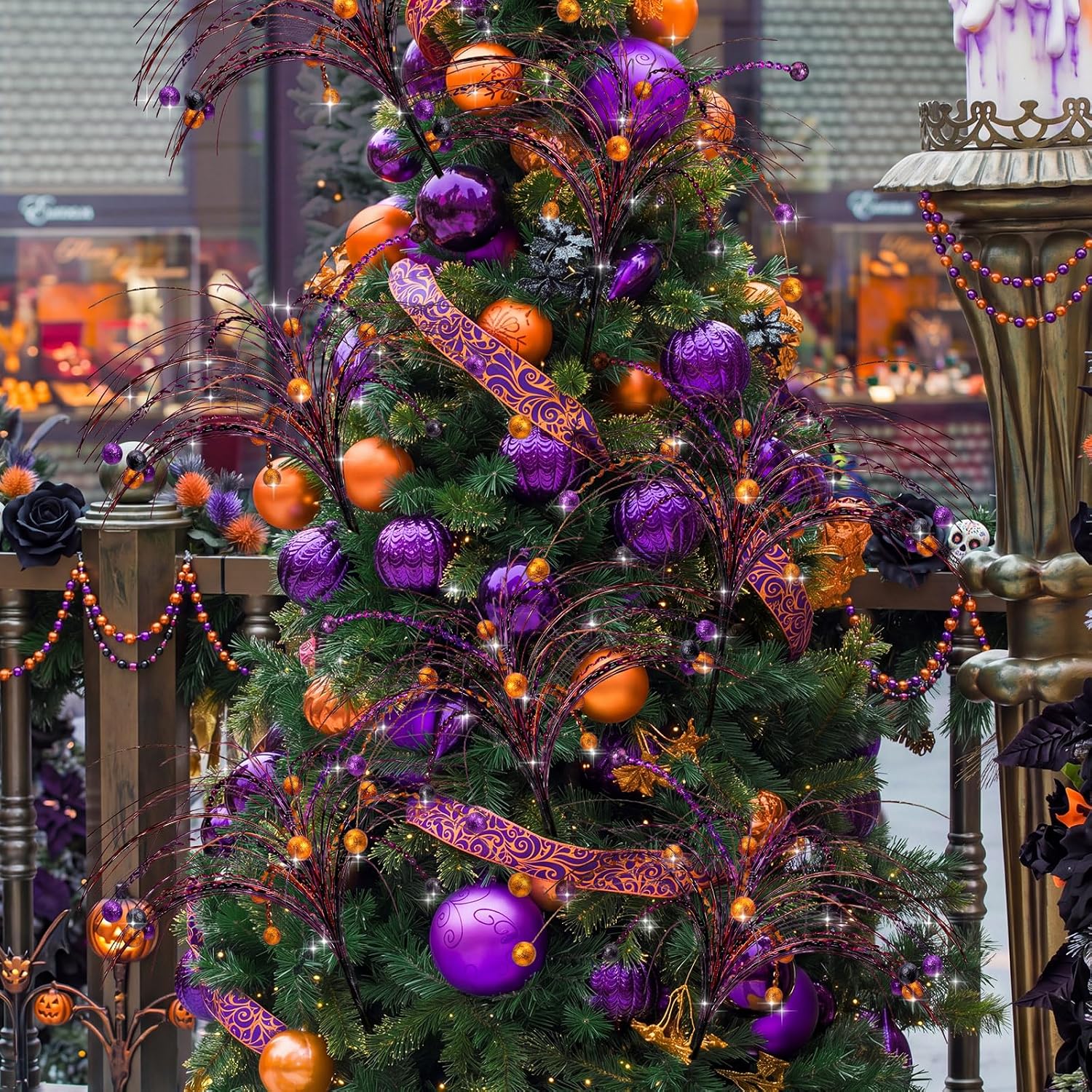 Suncalla 9 Pcs Halloween Floral Picks 17.7 Inch Artificial Glitter Stems Halloween Tree Vase Filler Decoration Purple Orange Black Table Centerpiece Decor Sprays Picks for Wreath Party Home