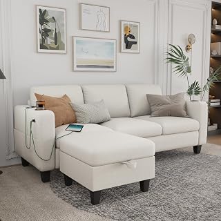 Sectional Sofa and Couches for Living Room - 78'' Beige USB+Type C Ports and 2 Cup Holders & Movable Ottoman, Convertible Sectionals Sofas with Chaise for Apartment, Office, Small Space