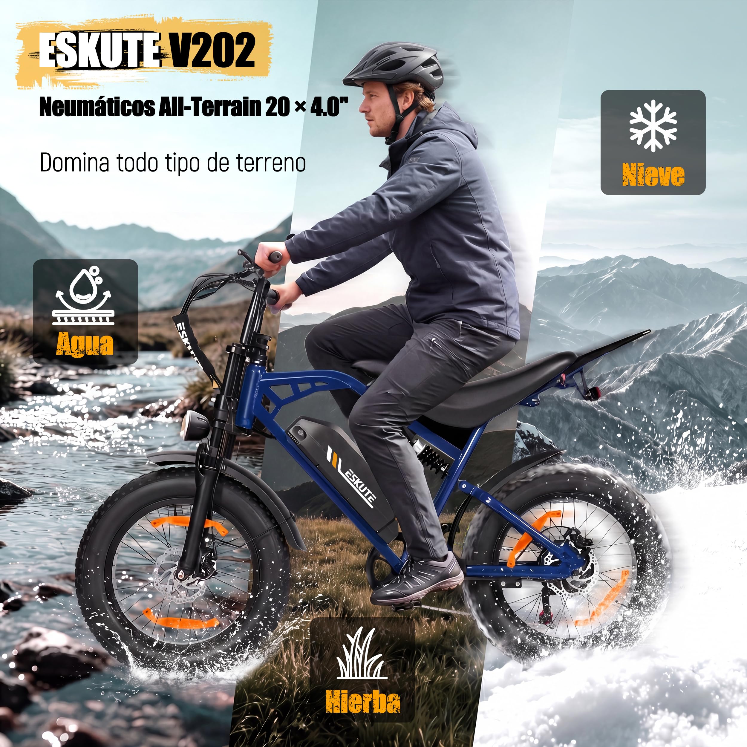 ESKUTE V202 - Bicicleta eléctrica para adultos, Fat Bike eléctrica 20 x 4.0 con batería extraíble de 48 V 20,8 Ah, E-Bike All Terrain, 7 velocidades, frenos de disco mecánicos