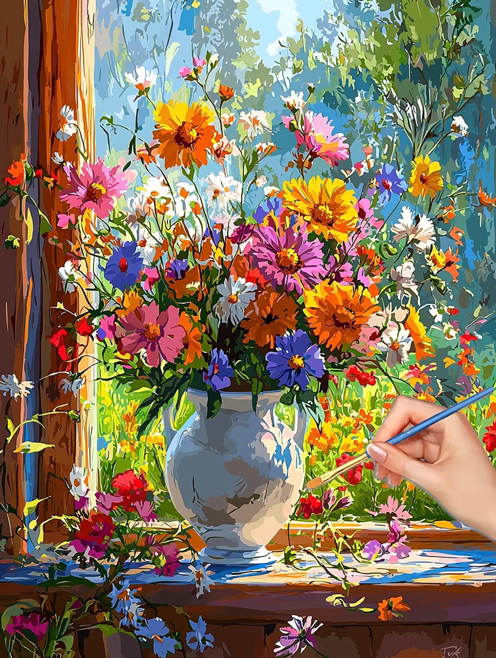 Malowanie po numerach kwiat, 90x120 cm Malowanie po numerach Okno dla dorosłych, Bezramowe, Zestaw do malowania olejnego na płótnie z 3 pędzlami, Pigment akrylowy, Paint by Numbers Dekoracja ścienna