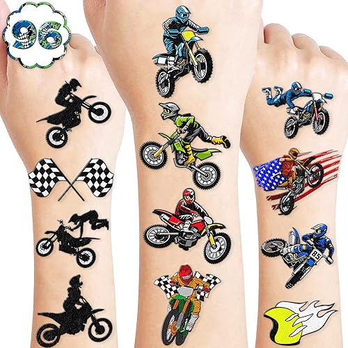 Tatuajes temporales para motocross, suministros de fiesta de cumpleaños, regalos de decoración de 96 piezas, 8 hojas, lindas calcomanías de tatuaje