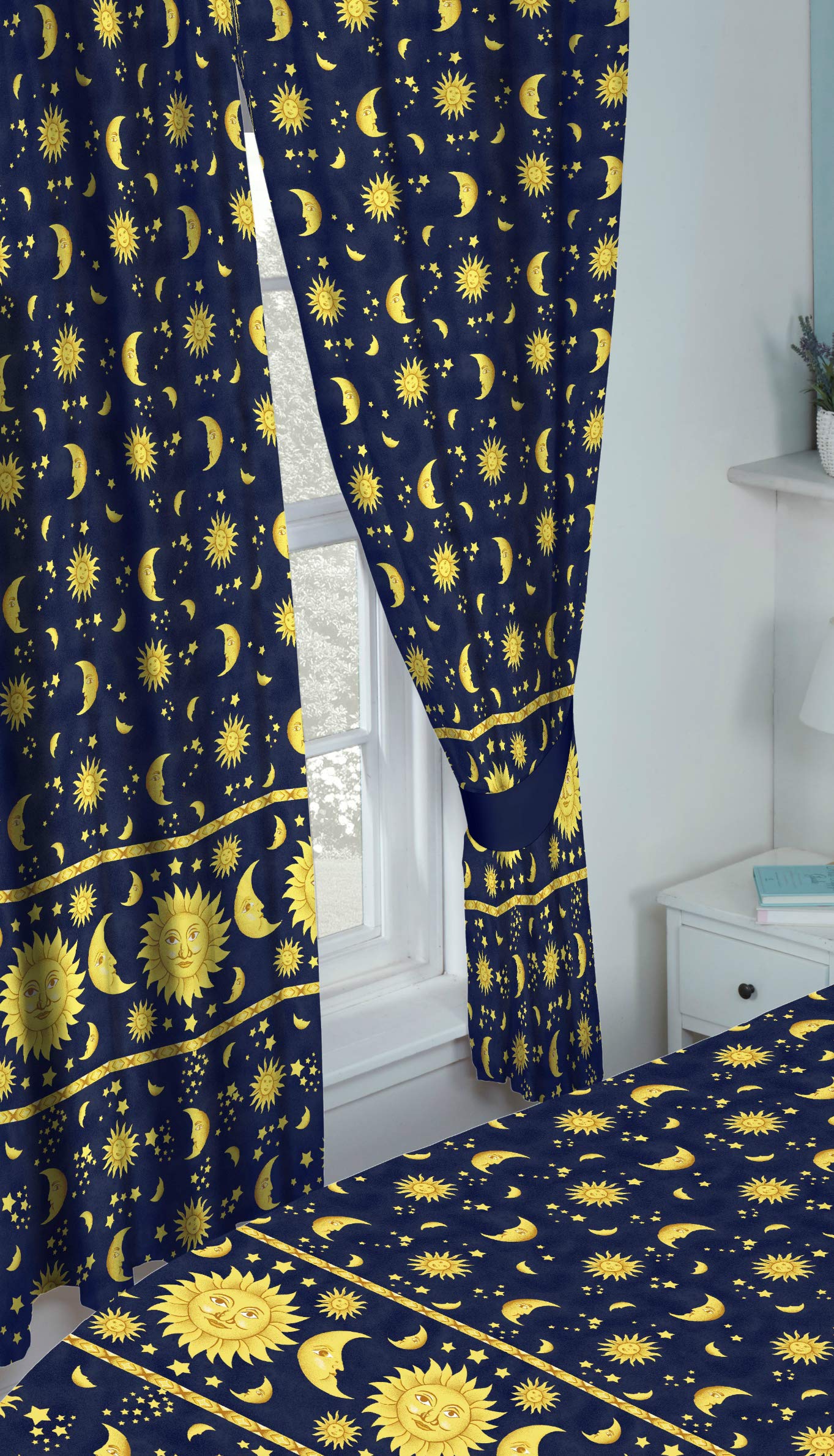 Myhome Blue 66" X 72" Sun And Moon Pencil Pleat Curtains + Matching Tie-Backs, Sun Crescent Moon Stars Space,Yellow Gold