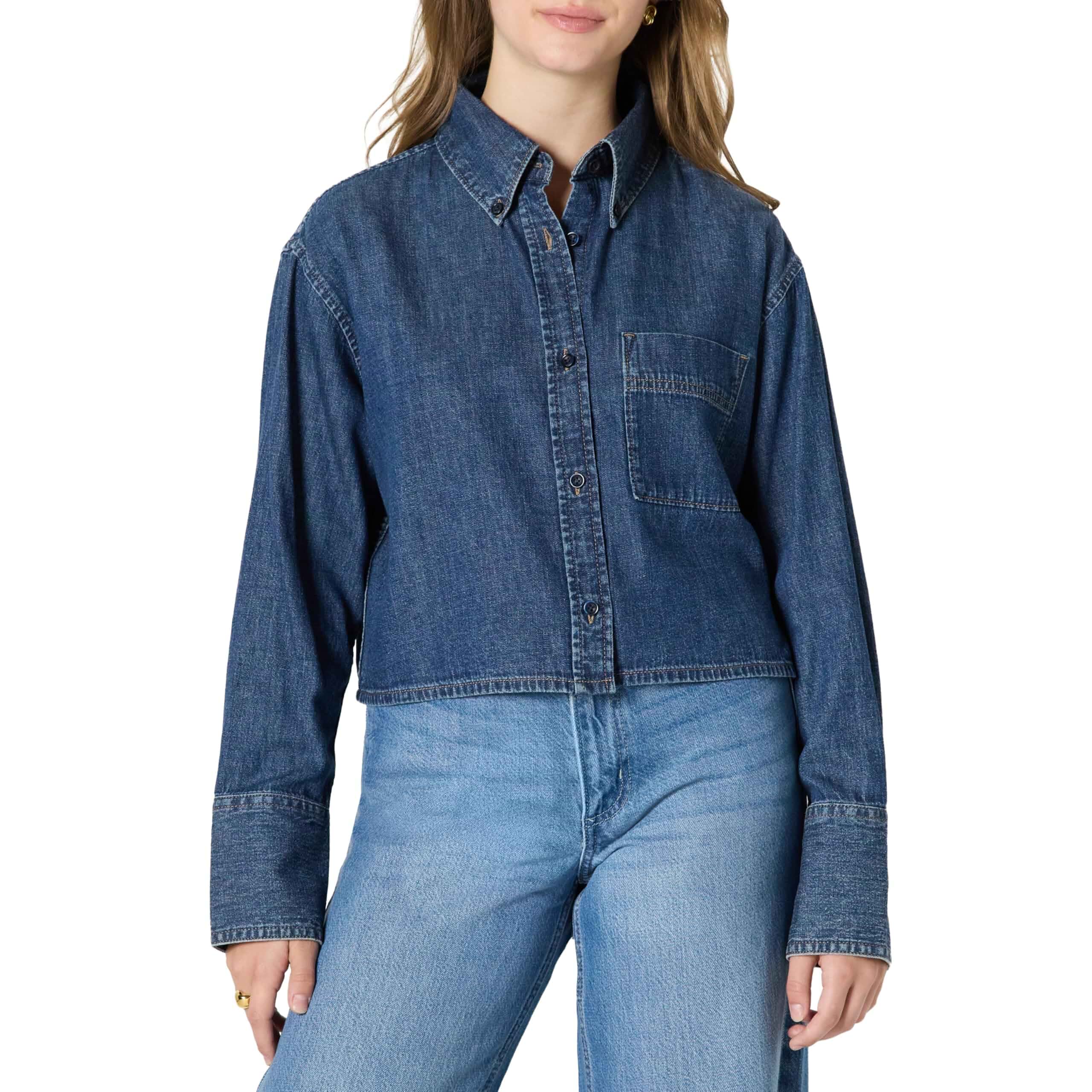 Amazon Essentials Women's Modern Oversized-Fit Cropped Denim Button-Down Shirt, Lightweight Chambray, Point Collar Oversized Fit