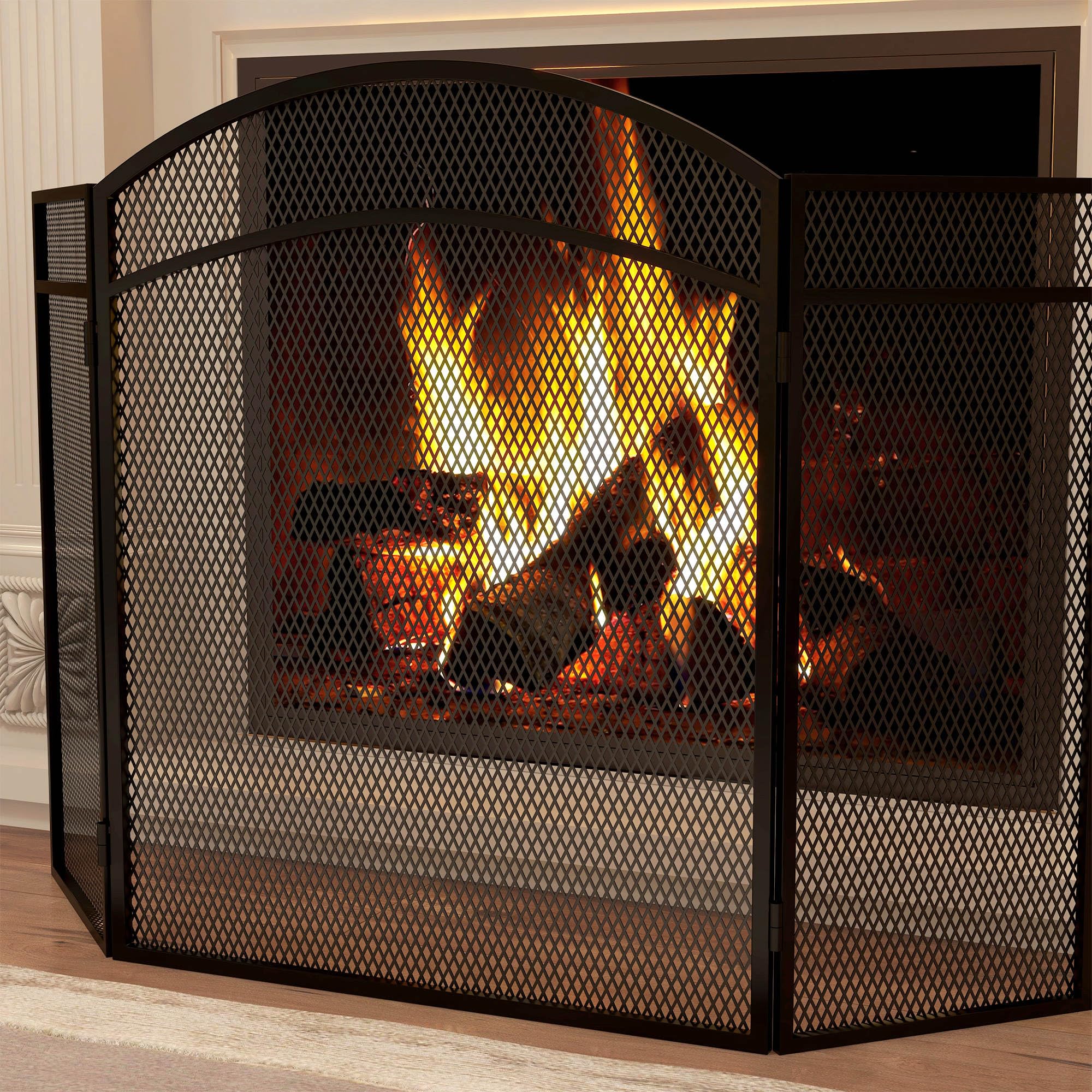 HOMCOM Pare-feu cheminée Pliable 3 Panneaux, Grille de Protection en Maille avec Motif Chevron, 96x60 cm, Métal Noir