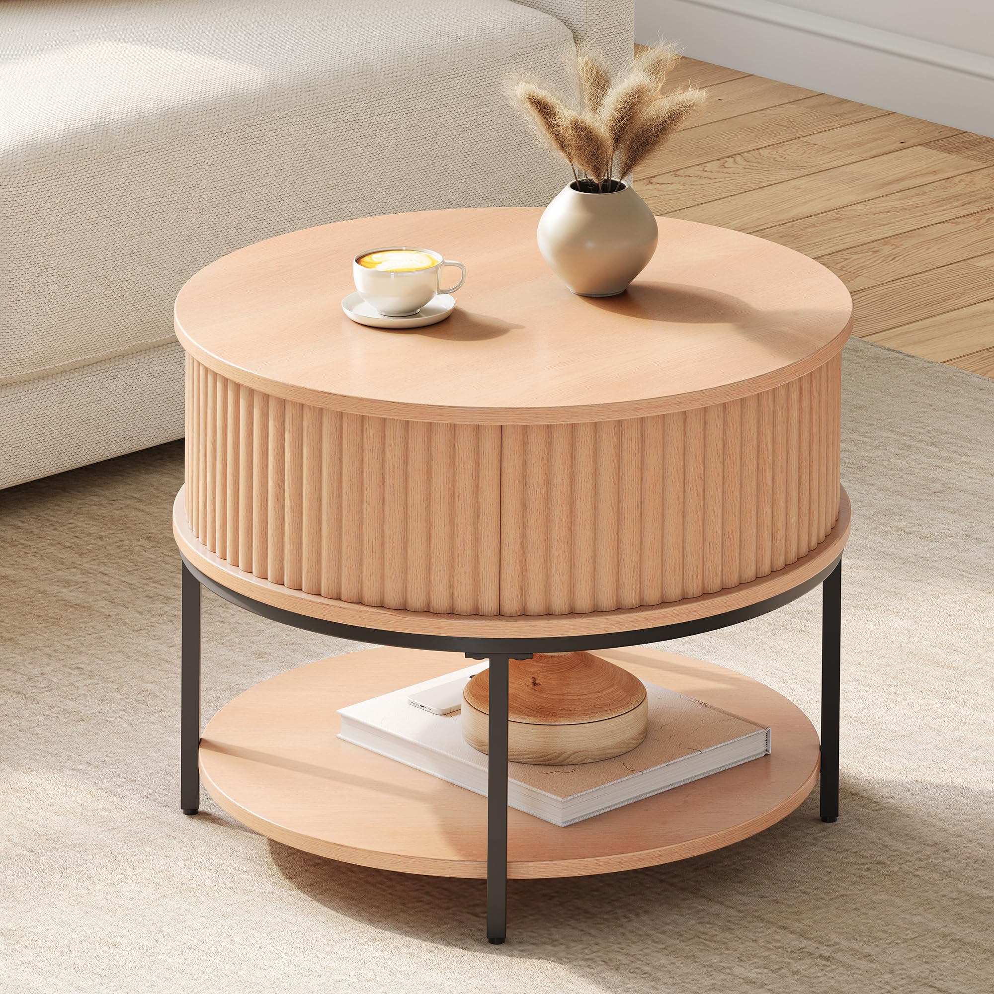 YITAHOME Mesa de Centro Elevable, Mesa Centro Redonda con Espacio de Almacenamiento de Dos Niveles, Mesa de Café Acanalada con Diseño Acanalado y Almacenamiento Oculto para Salón, Color Roble
