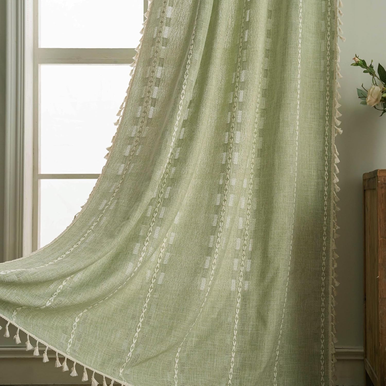Boho Curtains 84 inch Length Vintage Cotton Linen Curtain Panels for Living Room Rod Pocket Light Filtering Farmhouse Striped Embroidery Window Drapes for Home Decor 1 Panel W55 X L84 inch