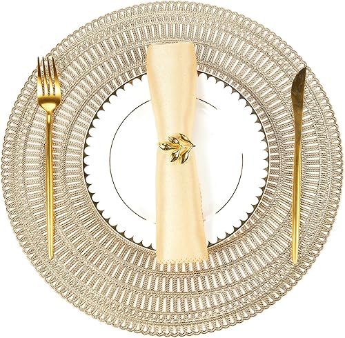 Evevda Juego de 6 manteles individuales redondos metálicos dorados de vinilo para mesa de comedor, para el hogar, cocina, comidas diarias,