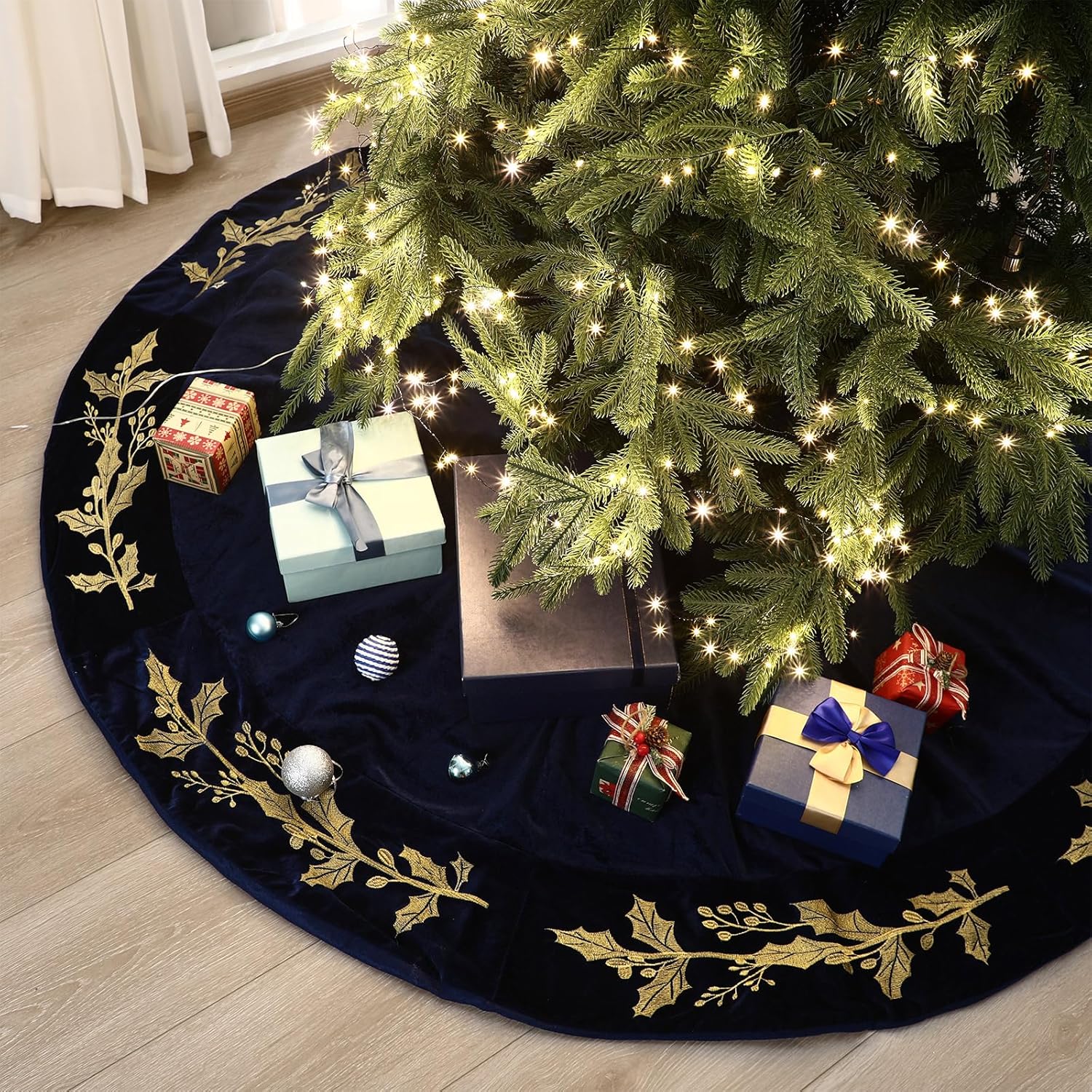 Product image of 72 Inch Christmas Tree Skirt Velvet Xmas Tree Skirt with Gold Embroidery Holly Leaf Decorations for Christmas Party Favors Holiday New Year Decor(Blue)