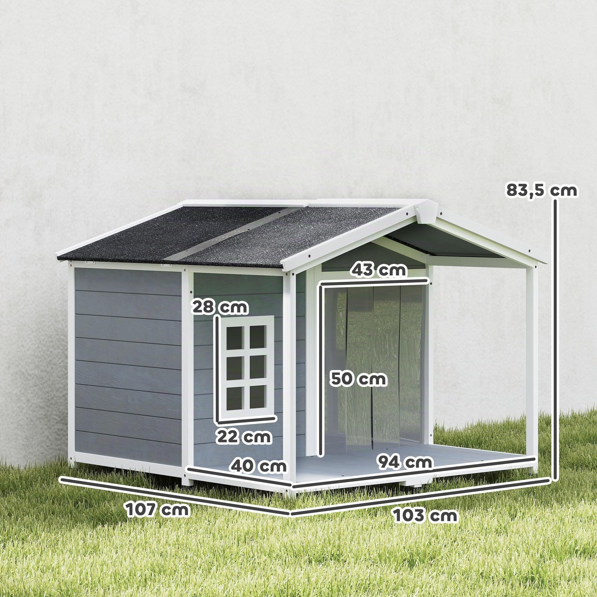 PawHut Maison en Bois imperméable pour Chien Gris 103x107x83.5cm | Chenil surélevé, toit en asphalte pliable, terrasse, fenêtre, cabane extérieure, pour chiens moyens jusqu'à 20 kg