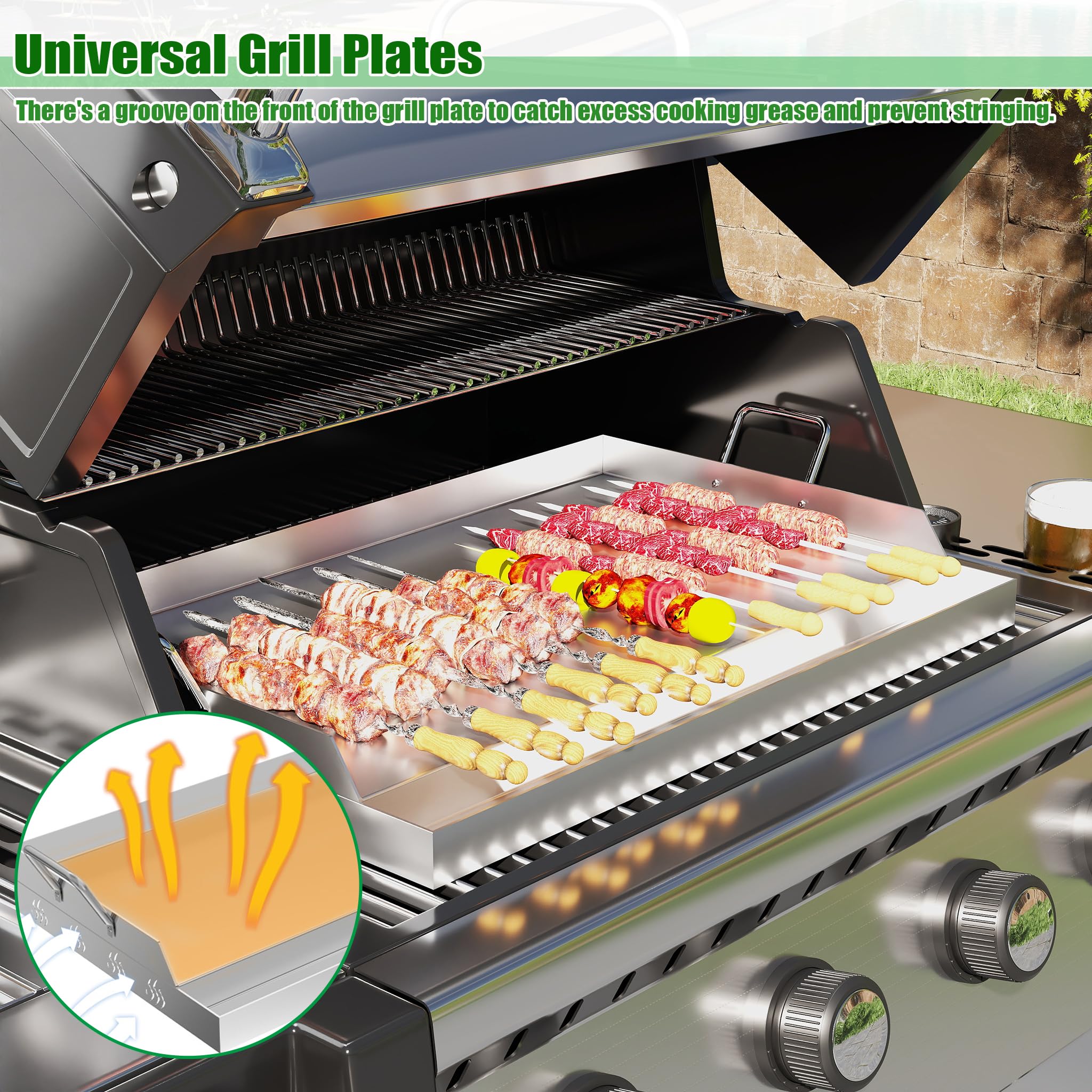 Płyty grillowe Plancha ze stali nierdzewnej, 54 x 32 x 7 cm, zestaw z uchwytem, pojemnikiem na tłuszcz i 2 szpatułkami do grilla, płyta paleniskowa, płyta griddla, do grilla gazowego, grilla