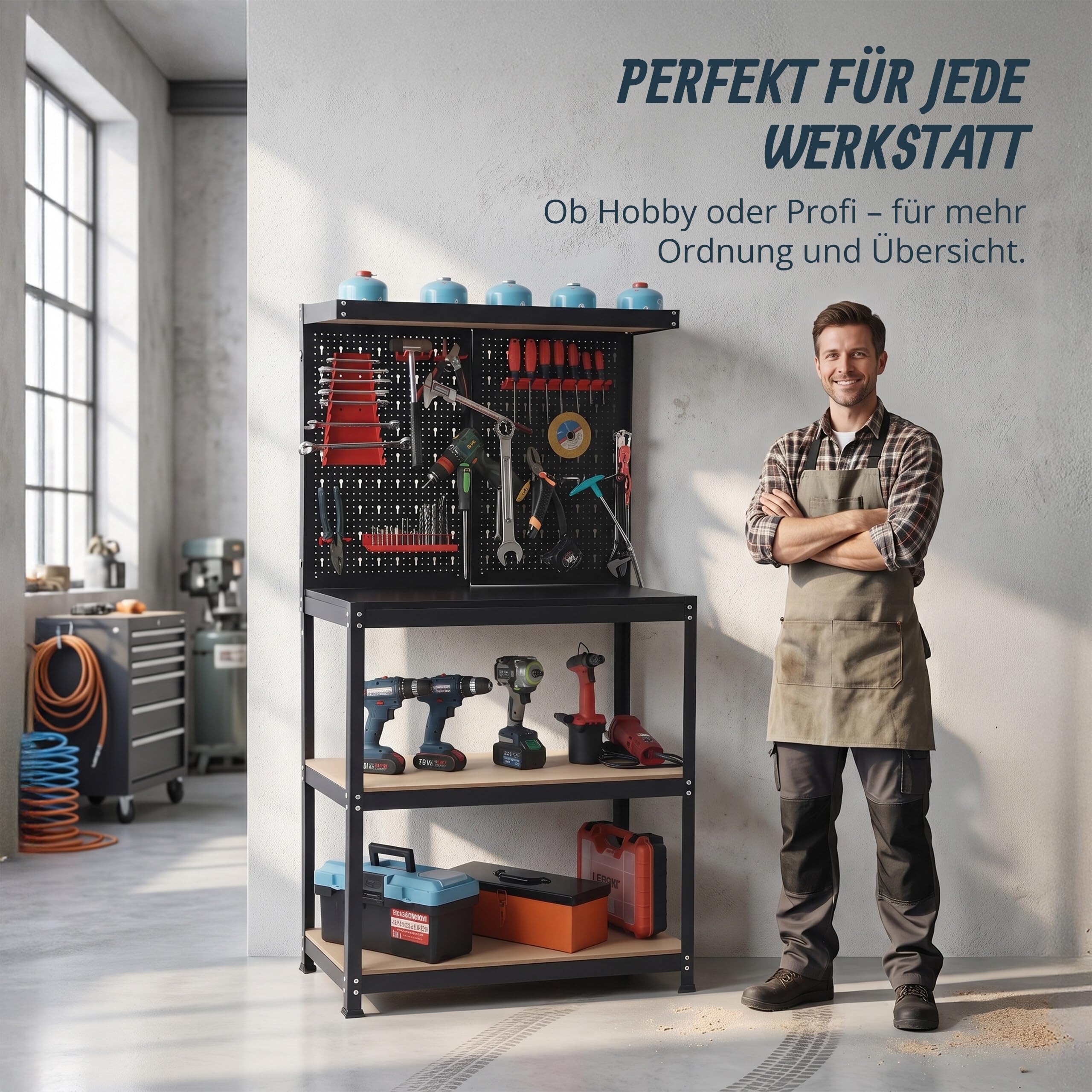 Relaxdays Werkbank, HBT: 155x80,5x41 cm, 3 Ebenen, mit Lochwand, Ablage & Zubehör, Stahl & MDF, Werkstattregal, schwarz