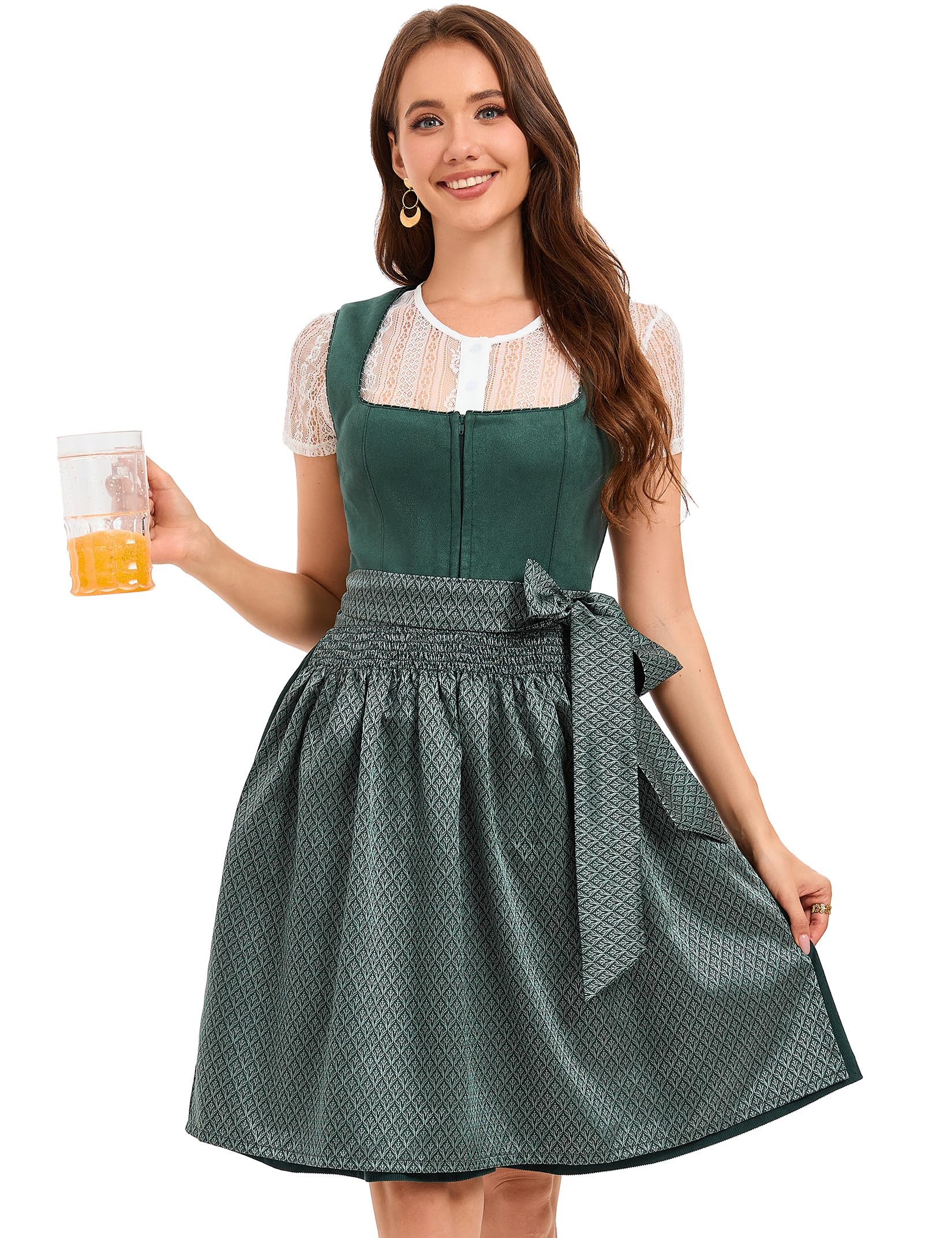 YesFashion Dirndl Damen Oktoberfest Damen Outfit Dirndl 3 Teilig Inkl. Trachtenrock Dirndlbluse Dirndlschürze Trachtenkleid Grün