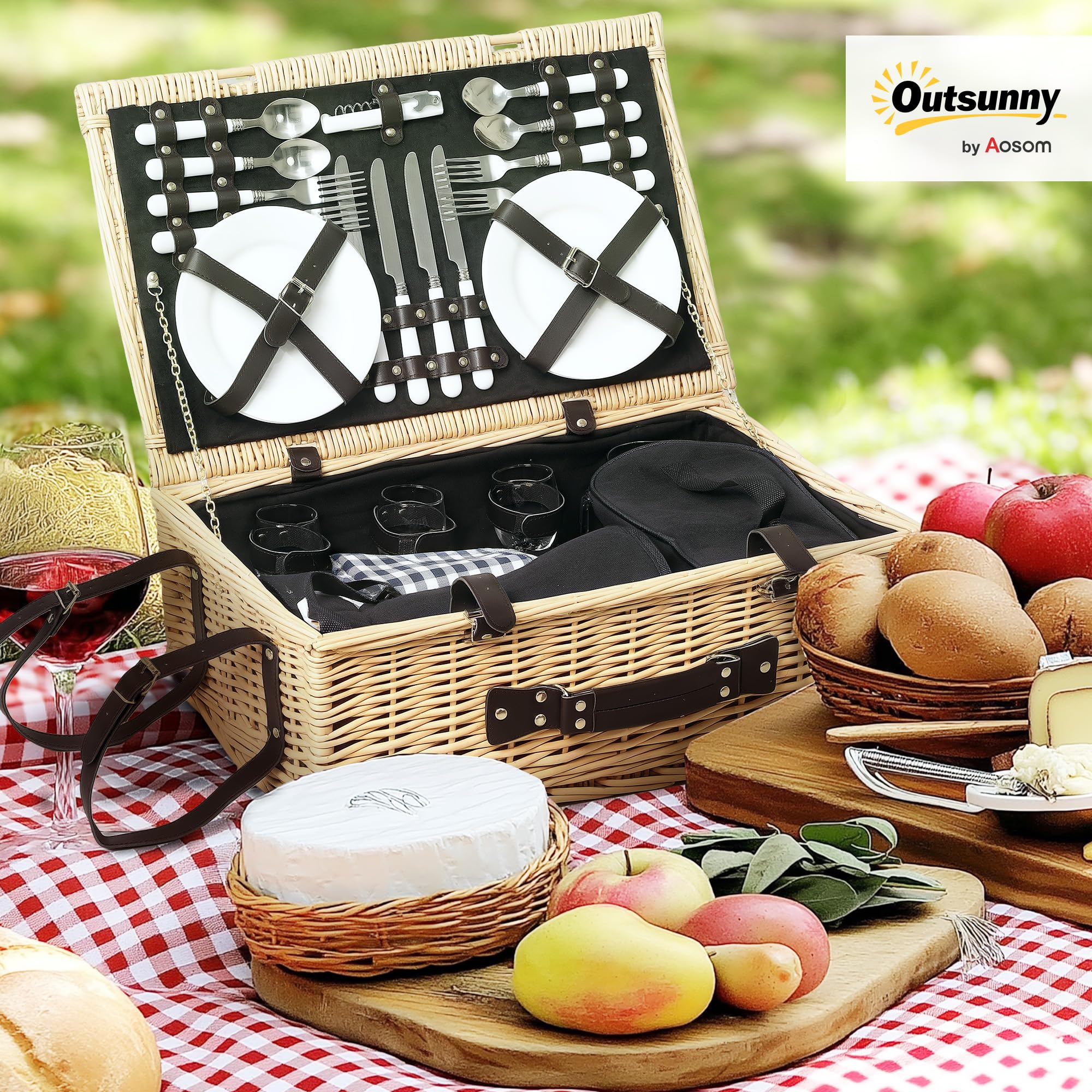 Outsunny Cestino da Picnic in Vimini per 4 Persone, Cesto Picnic con Area Frigo e Accessori Piatti, Bicchieri da Vino, Cucchiai e Forchette, Borsa per Vino, 54x34x20 cm, Color Legno