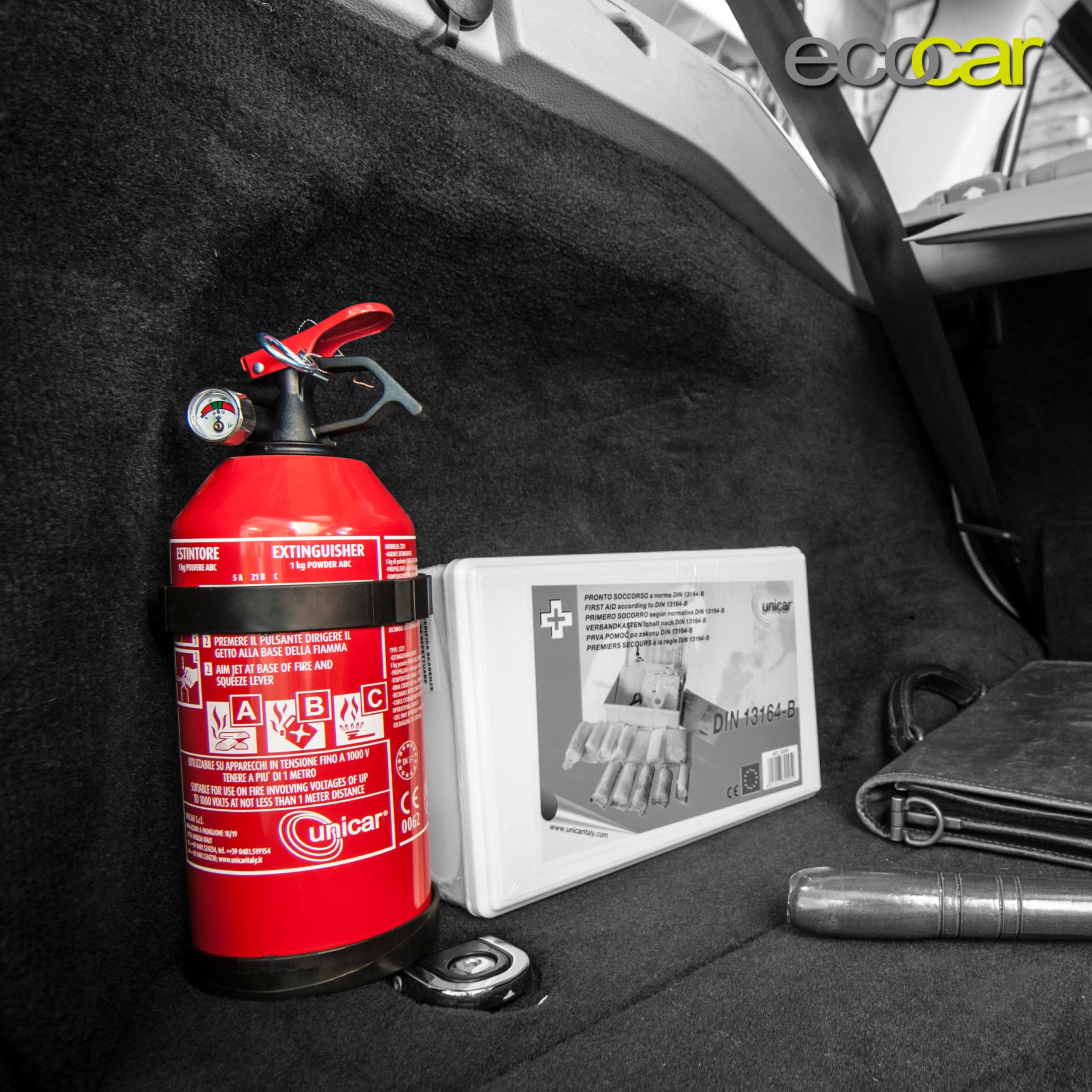 ecocar - Estintore 2kg in Polvere Omologato EN3 per Auto, Casa, B&B, Camper e Ufficio - con Manometro e Supporto Incluso