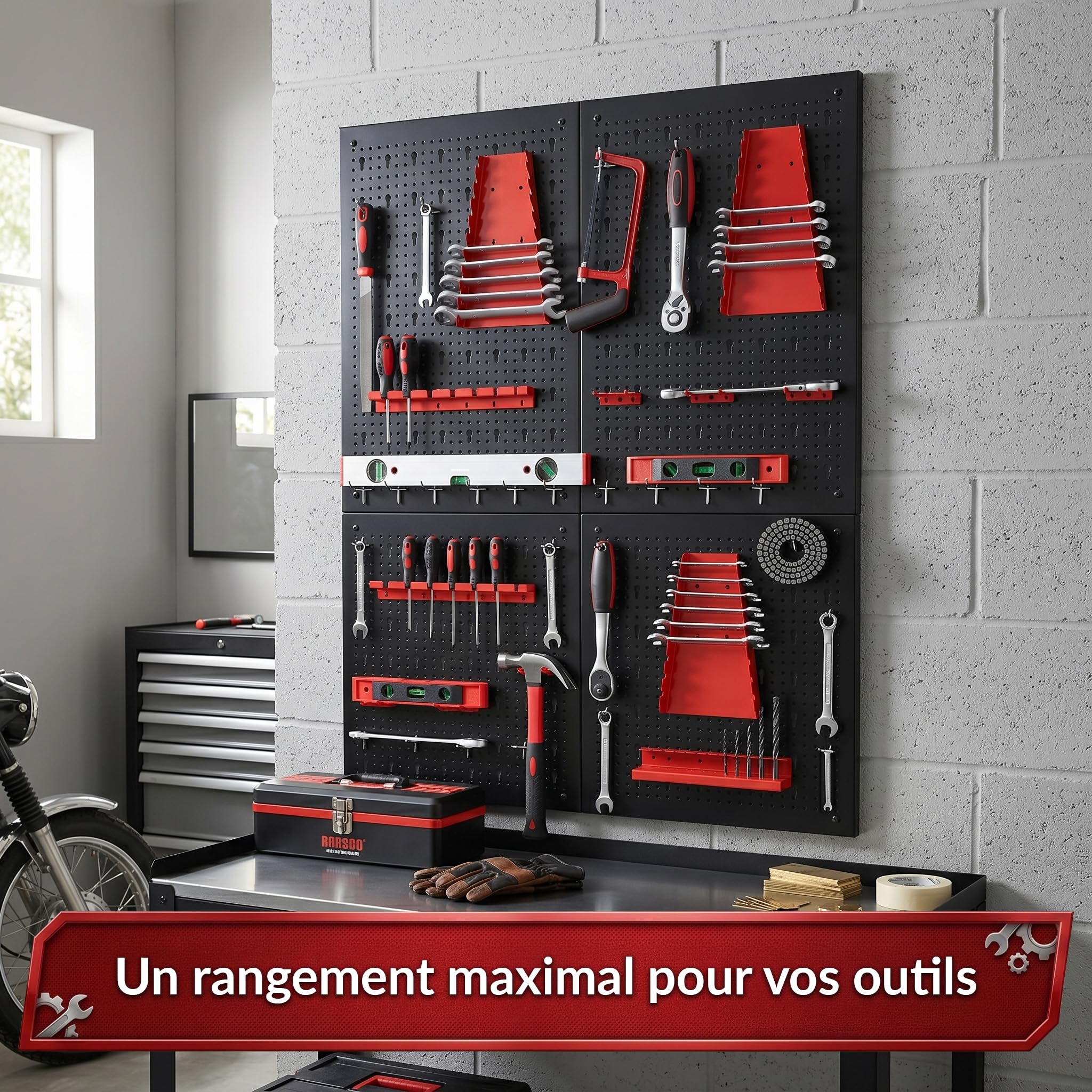 KARAT Parker - Pannello da parete per attrezzi con accessori in metallo perforato, supporto per officina e garage (nero/rosso, set di 4 pannelli)