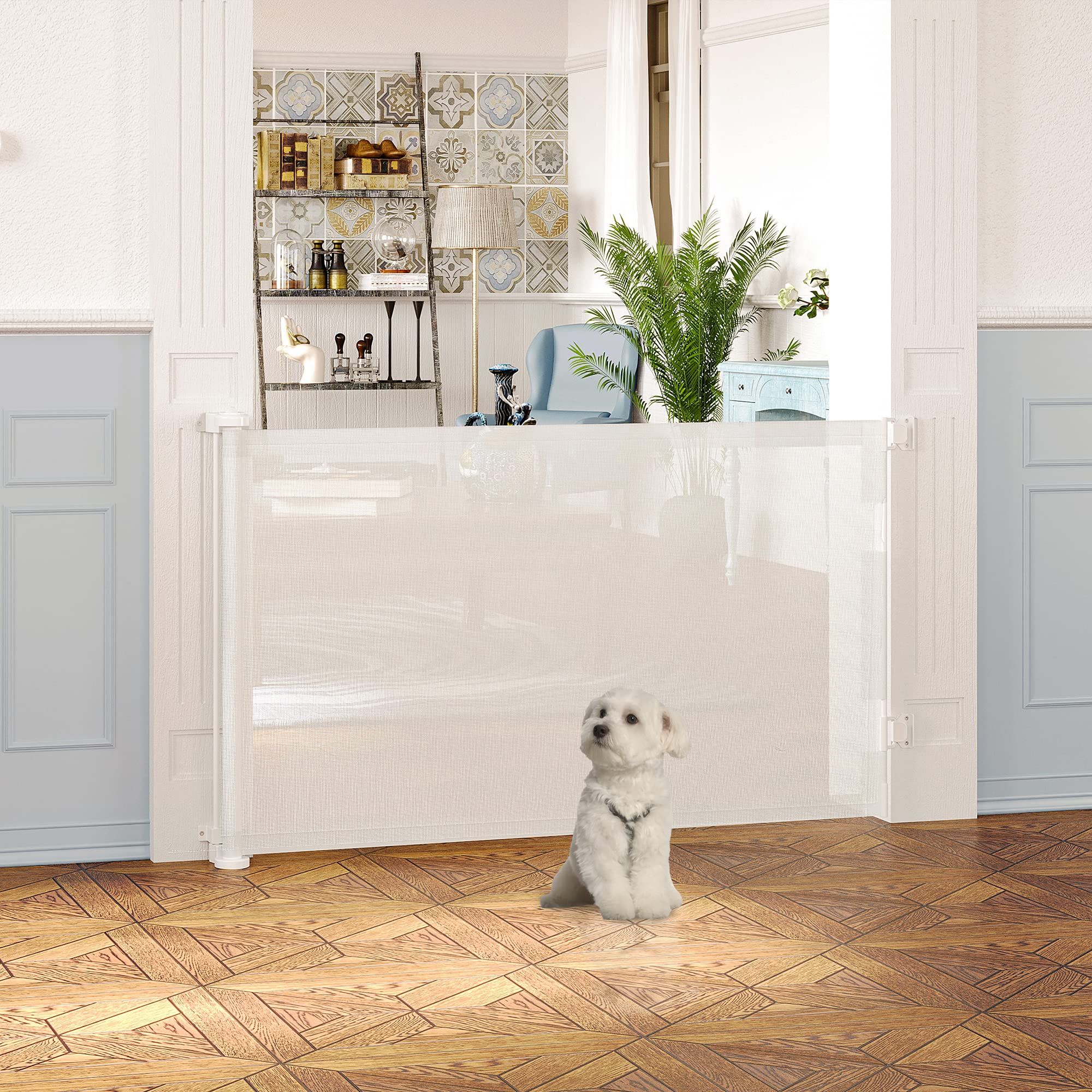 Barrière Rétractable Pour Chien PawHut - S'étend Jusqu'à 149 Cm - Verrouillage Automatique - Blanc - Pour Petits Chiens