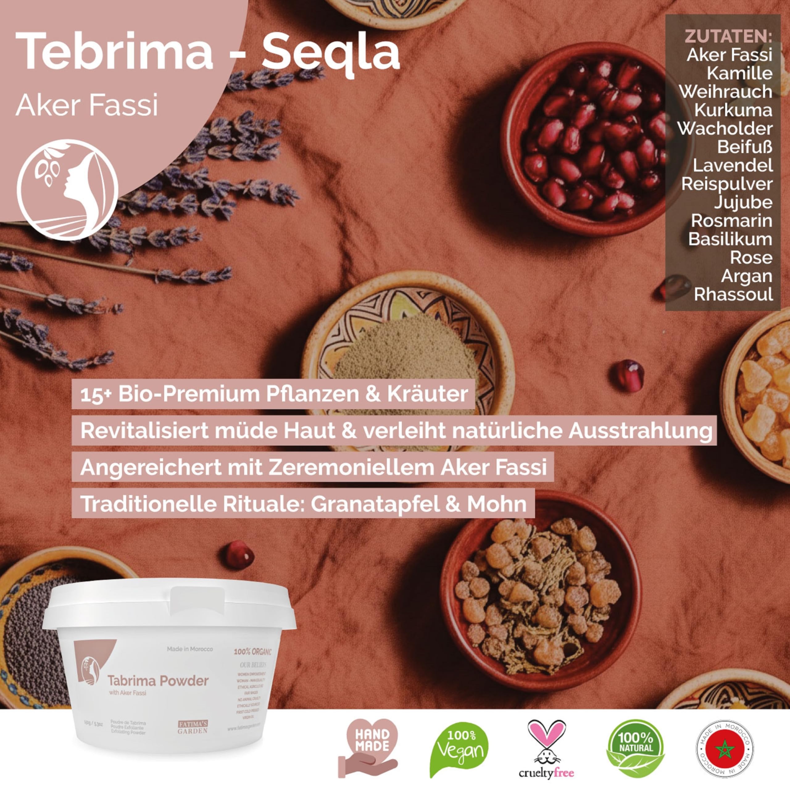 Fatima's Garden Tebrima/Soqla Hammam Marokkanisches Peeling mit Aker Fassi Natürlich Revitalisierend 500g