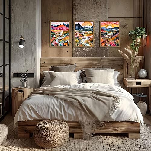 Miniatura 2 de Marco de madera bohemio colorido arte de pared, juego de 3 acuarelas abstractas de paisaje de montaña, pintura para decoración de pared, arte