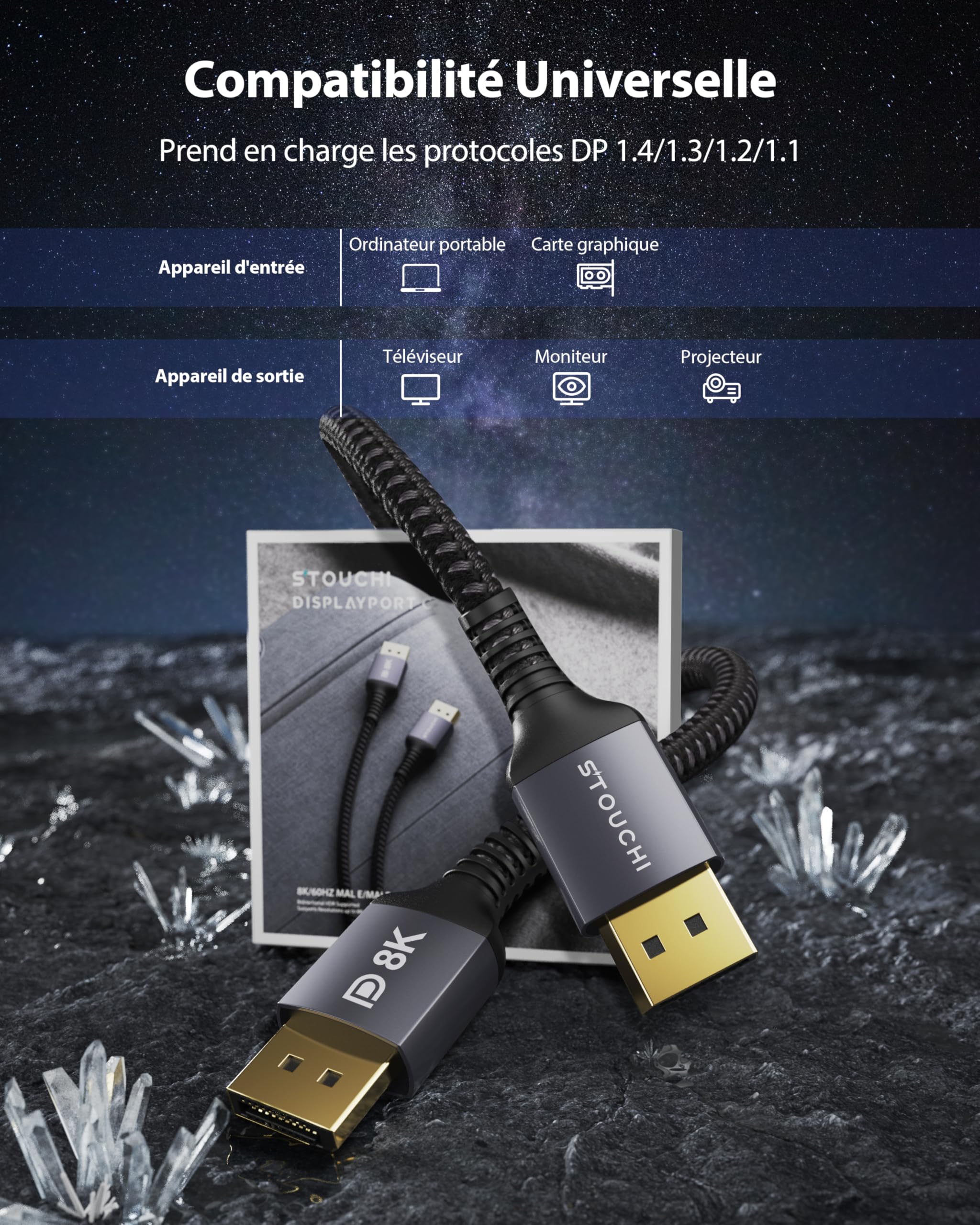 Stouchi Câble DisplayPort 1.4 240Hz 2M/6.6FT DP1.4 Prise en charge 8K@60Hz 4K@60Hz/144Hz/120Hz 5K@60Hz/120Hz 2K@165Hz/240Hz FreeSync G-Sync 32,4Gbps HDR10 Display Port Lead