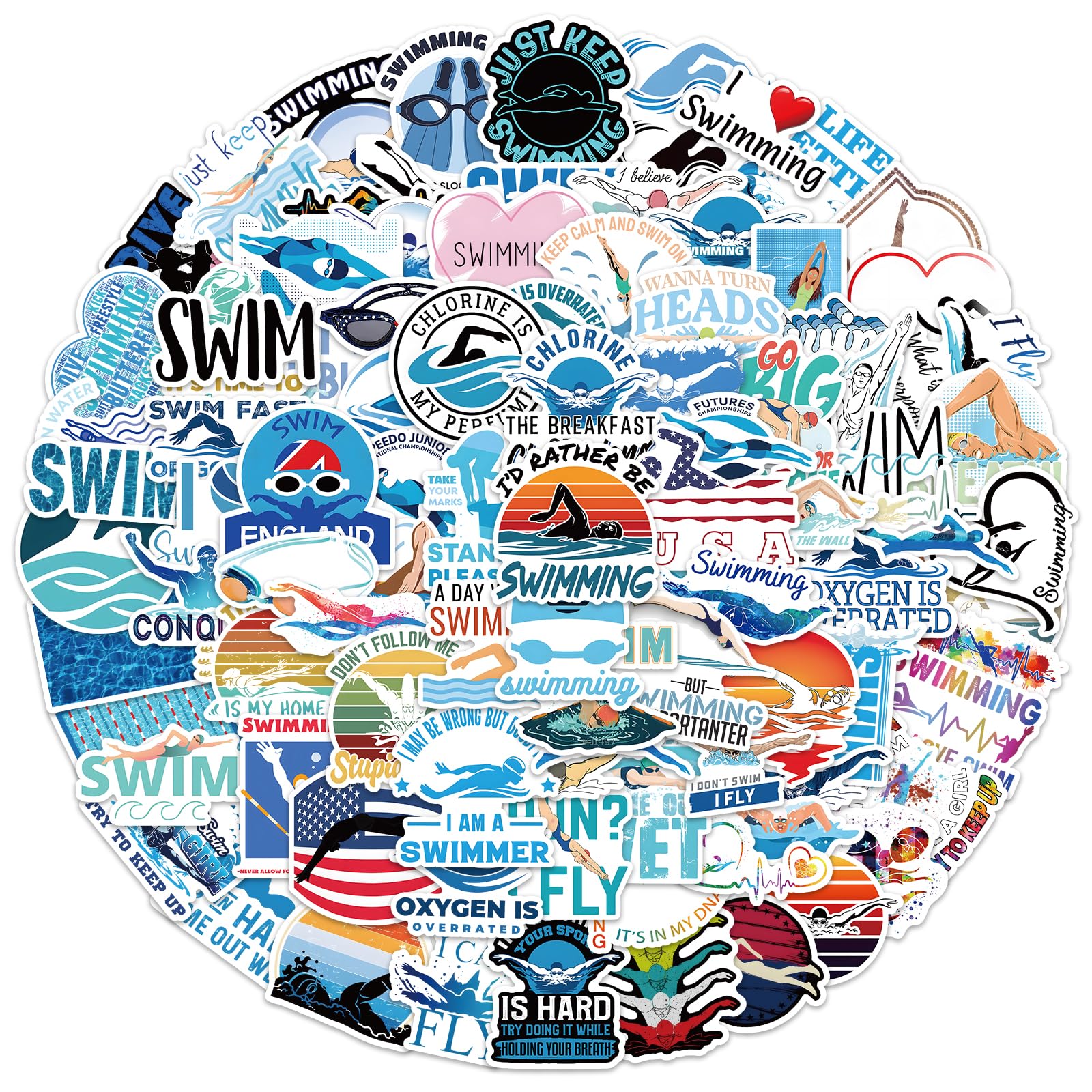 100 PCS Swimming Stickers, Swimmer Stickers Vinyl Waterproof Stickers for Water Bottle Laptop Luggage Helmet Skateboard Snowboard Guitar Scrapbook Phone Gifts for Teens Girls Kids Adult