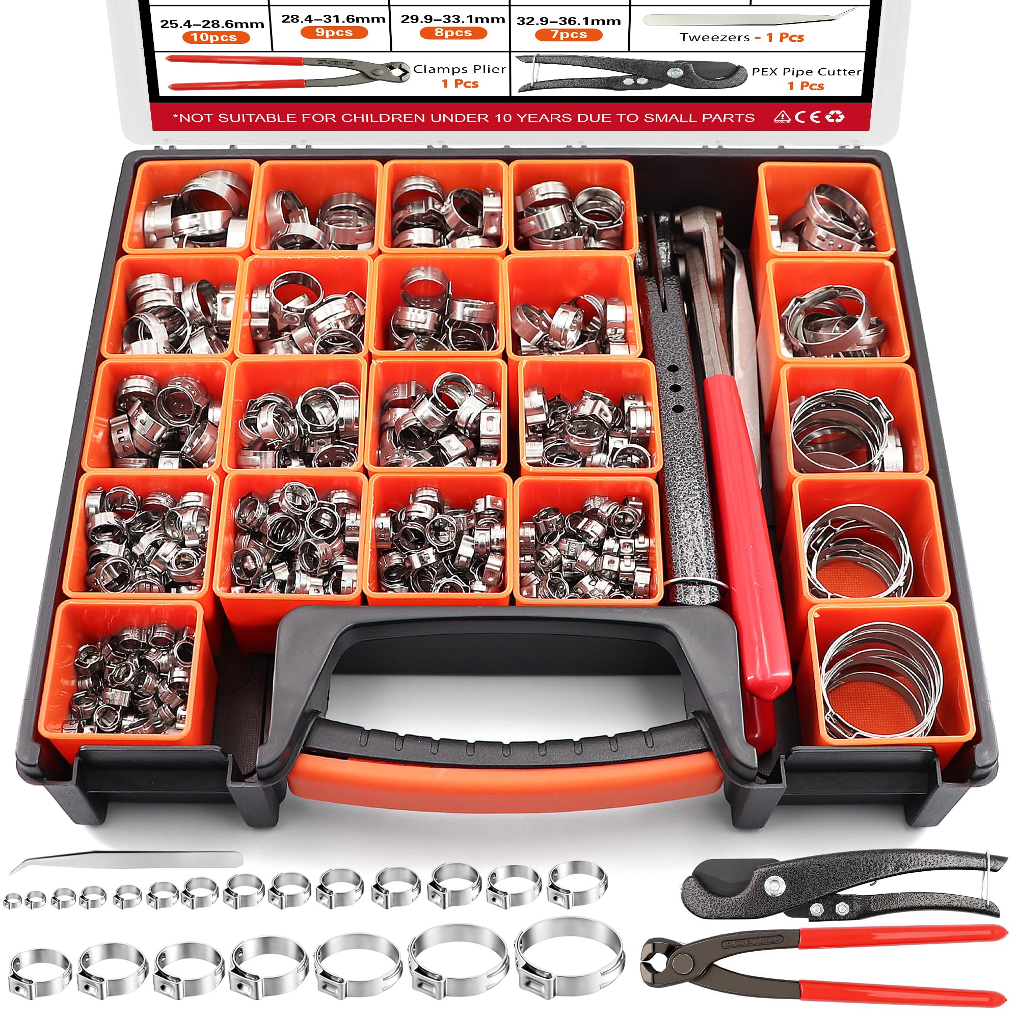 560PCS 304SS Single Ear Stepless Hose Clamp Kit with Pliers for PEX &amp; Auto