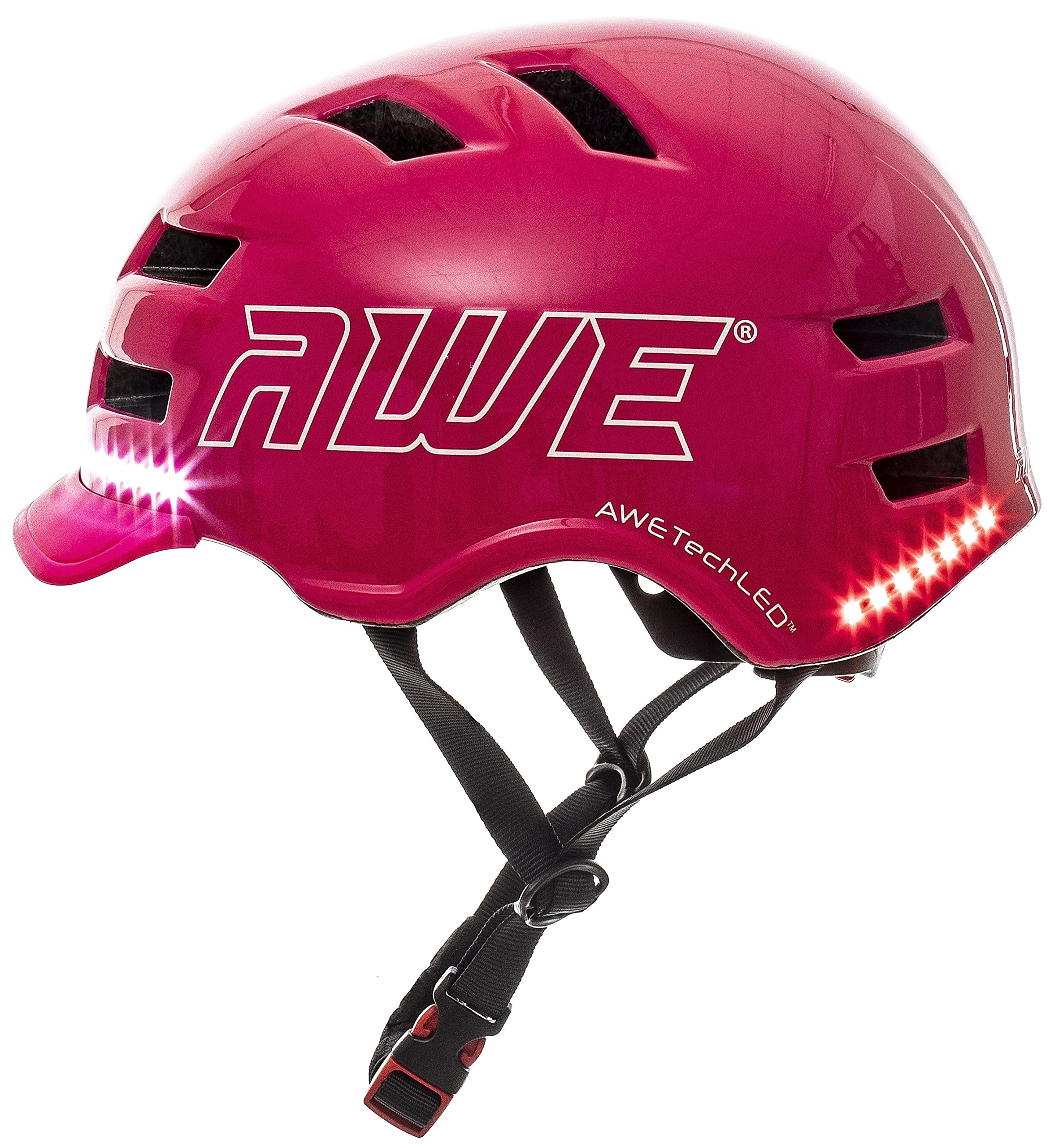 AWE® AWETech™ LED USB Helmet, 360° MEGAVisibility™ 28 Super Bright LED's, E-Bike/E-Scooter/Bike Pink Medium Junior/Adult 55-58cm Fully Rechargeable CE EN1078 *5 Year Crash Guarantee TUV Approvals
